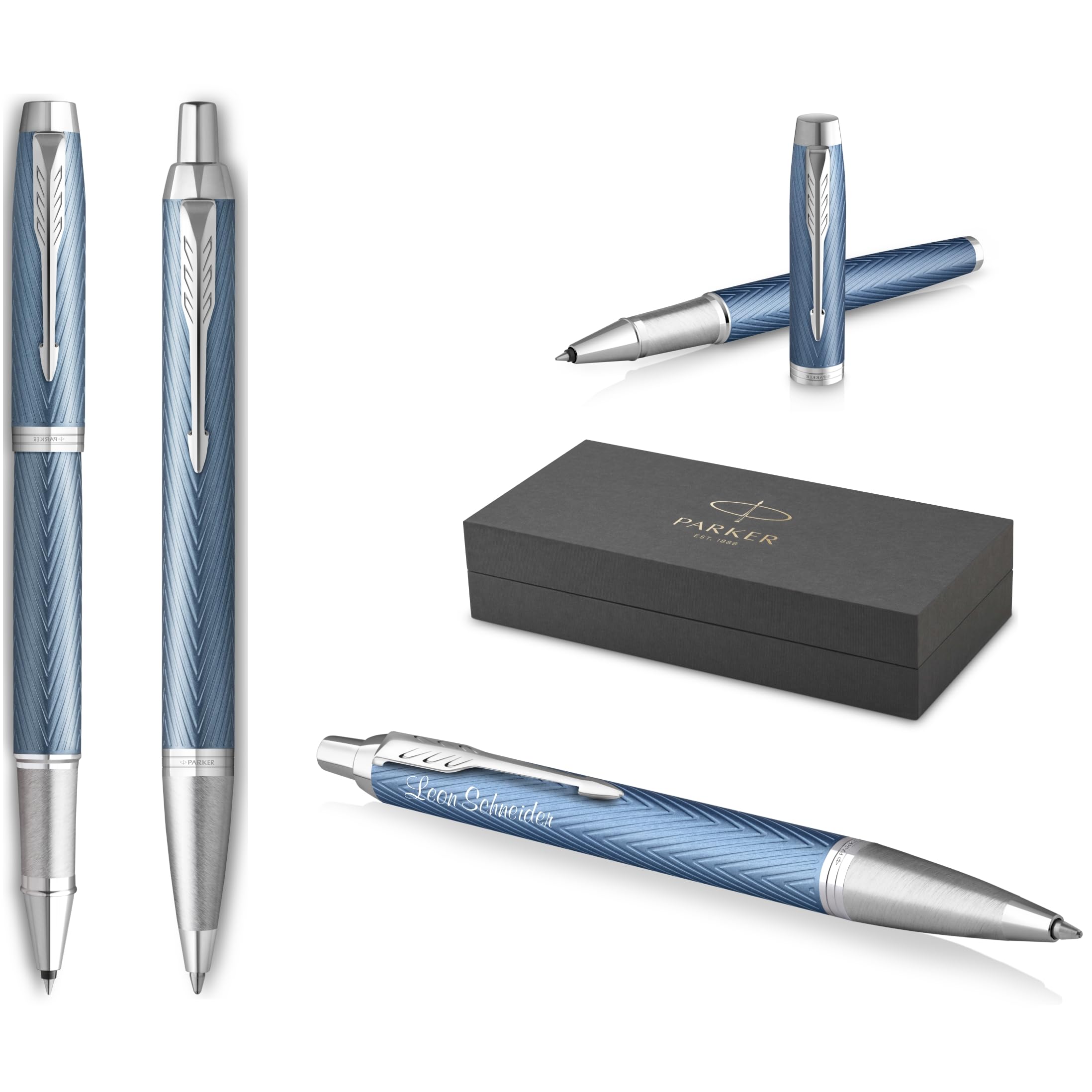 Parker IM Premium Rollerball Pen and Ballpoint Pen with Engraving, Premium Pen, Gift Box, Personalised Gift, Anniversary, Birthday (Blue Grey C.C.)