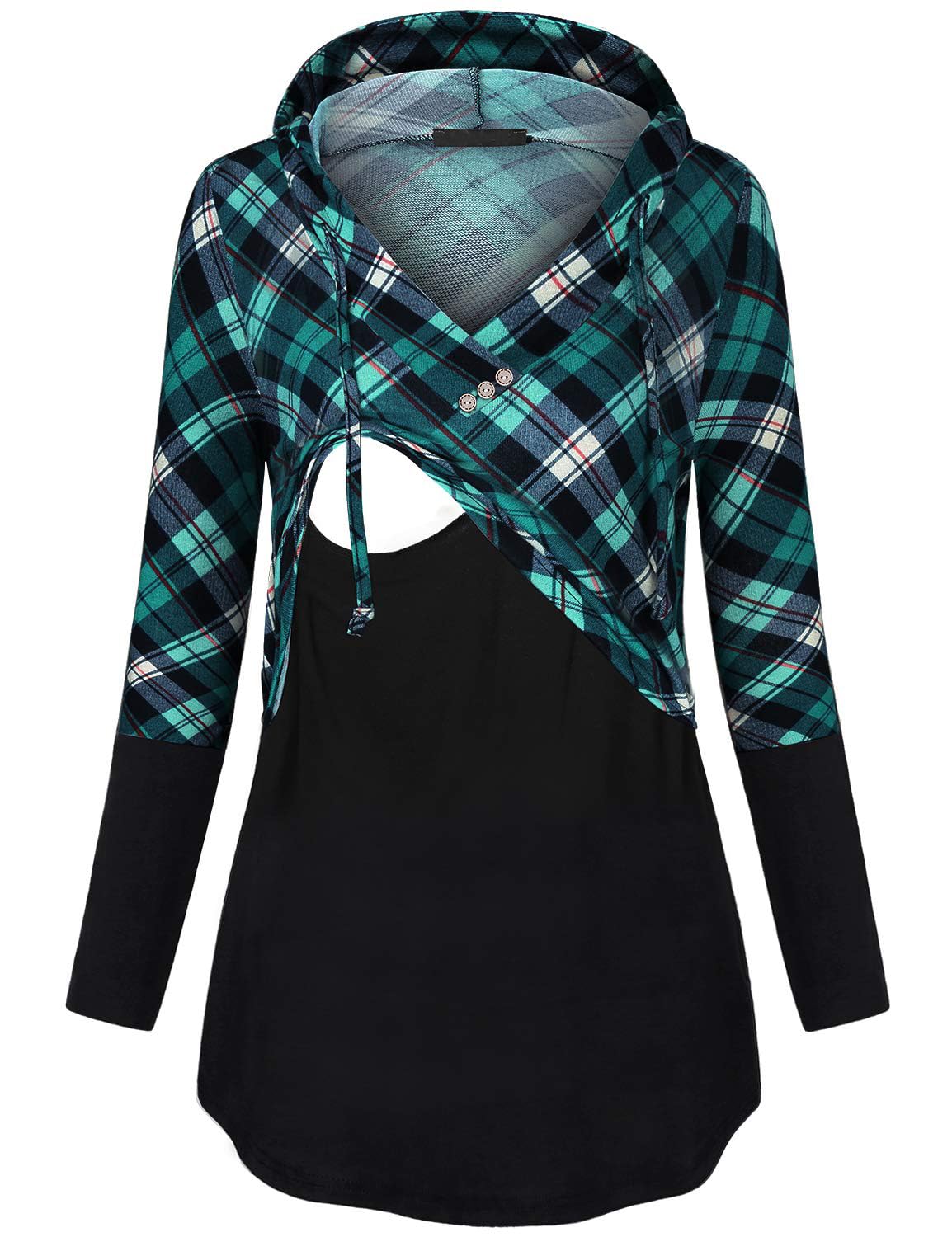 Quinee Women's Long Sleeve Plaid Colorblock Nursing Pullover Hoodie Sweatshirts