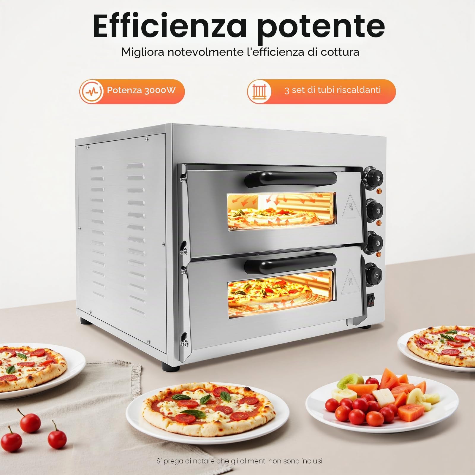 Forno elettrico per pizza, 3000 W, 220 V, 2 livelli, per esterni, con 1 paio di guanti, controllo della temperatura da 50 a 350 °C, timer, acciaio inox