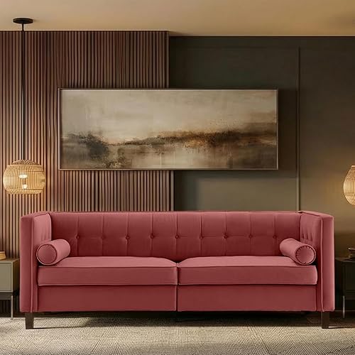 Dreamsir 78'' W Velvet Sofa, Mid-Century Love Seats Sofa Furniture with Bolster Pillows, Button Tufted Couch for Living Room, Tool-Free Assembly (Sofa, Pink)