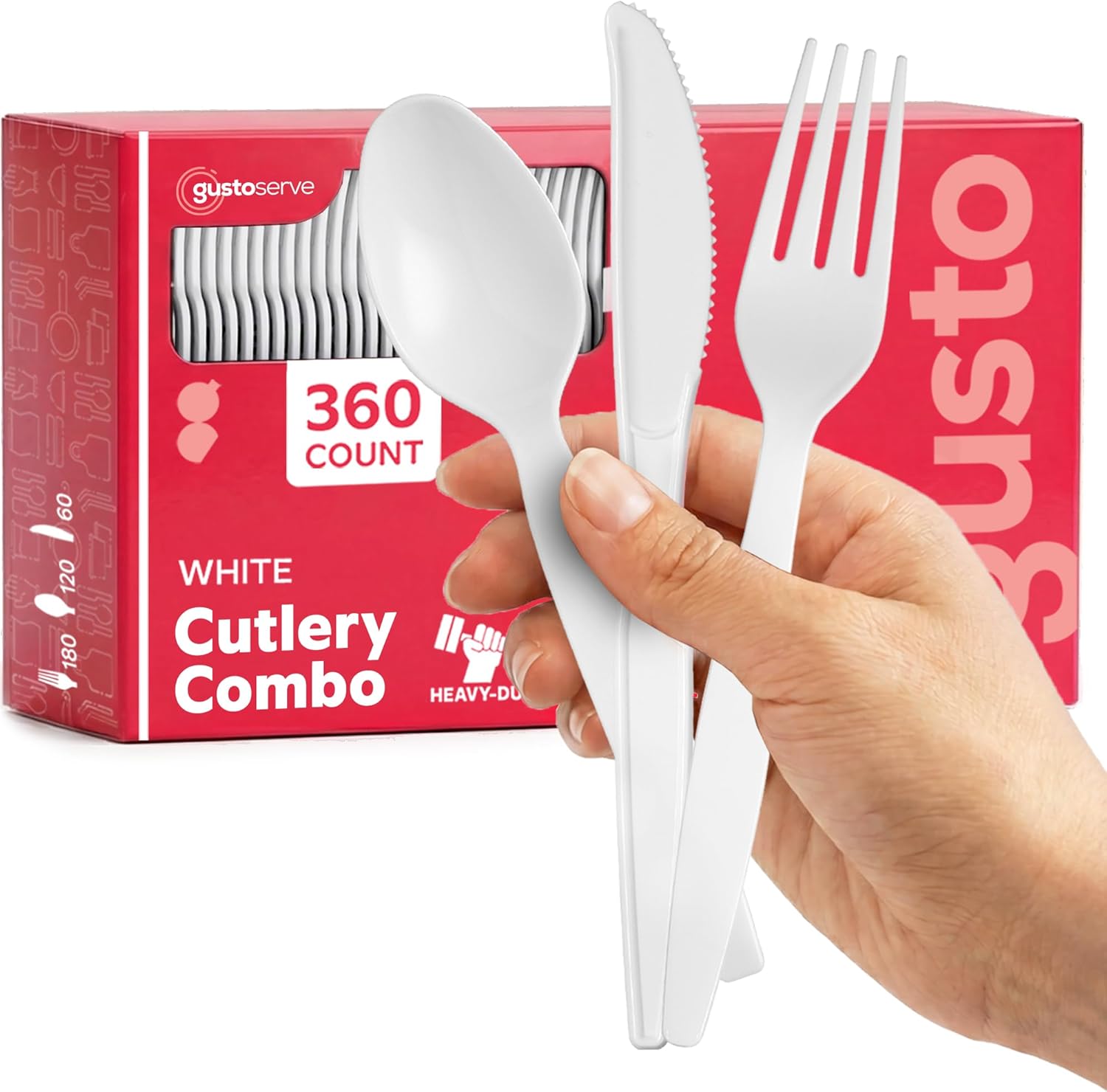 GUSTO [360 Combo Pack] Heavyweight Basic Silverware Set - 180 Forks, 120 Spoons, and 60 Knives, Disposable White Plastic Utensils, Perfect for Parties, Events, and Catering (Formerly Comfy Package)