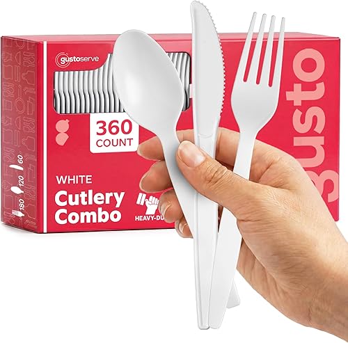 GUSTO [Paquete combinado de 360 unidades] Juego de cubiertos básicos pesados, 180 tenedores, 120 cucharas y 60 cuchillos, utensilios desechables