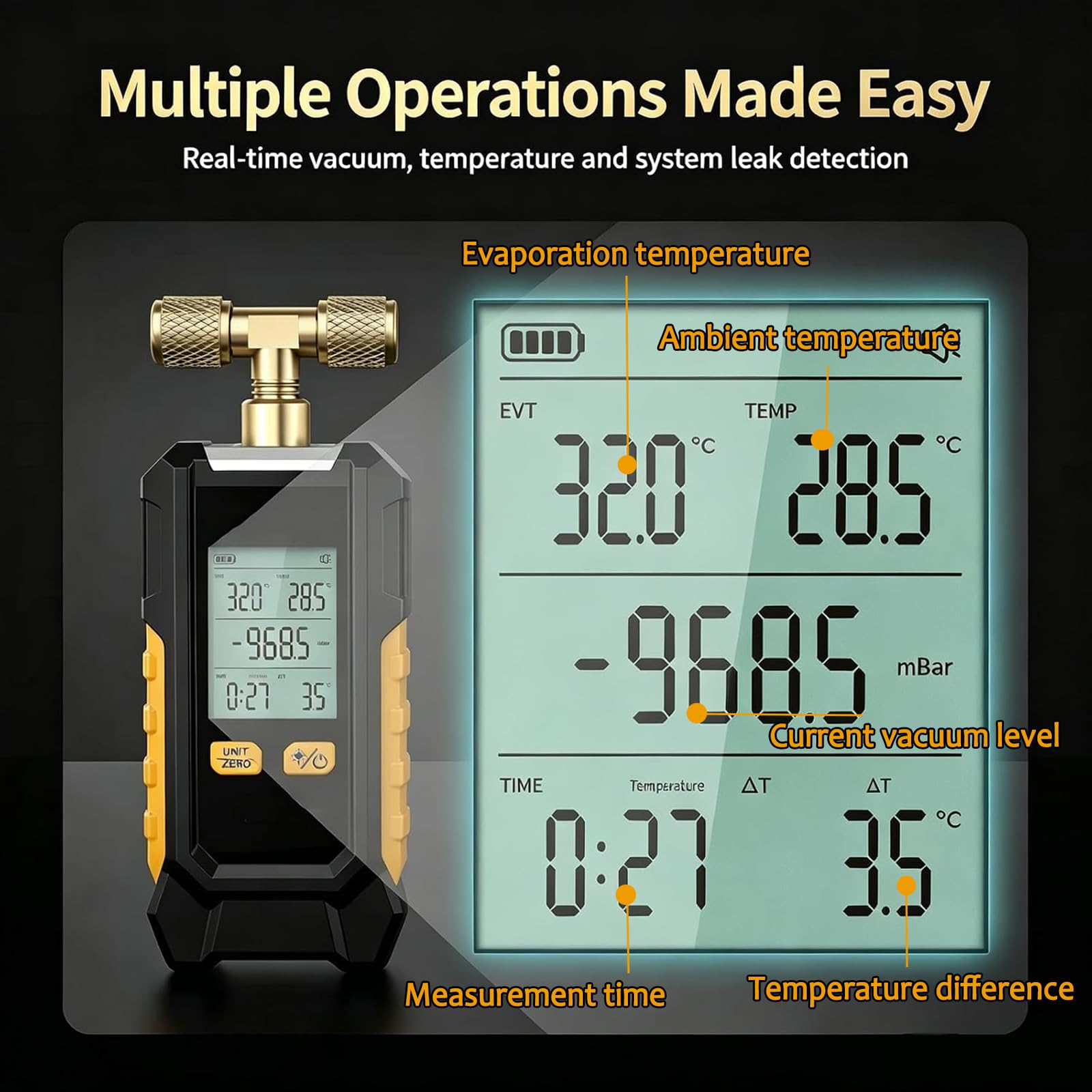Manómetro De Vacío Digital, Detector De Fugas con Calibración Automática, con 6 Unidades Conmutables, Precisión De ±0,1%, con Pantalla LCD Retroiluminada, Herramienta De Diagnóstico HVAC