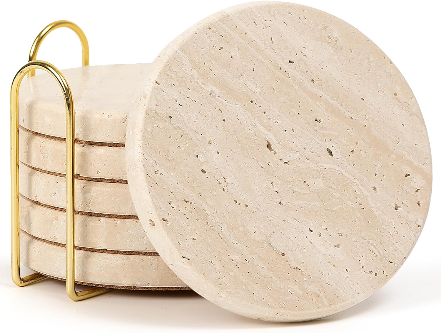 Set of 6 Travertine Marble Coasters with Holder, Elegant Rustic Farmhouse Table Accent, Neutral Warm Beige Stone Drink Coasters for Any Home Decor, Gift Boxed for Housewarming Wedding Hostess