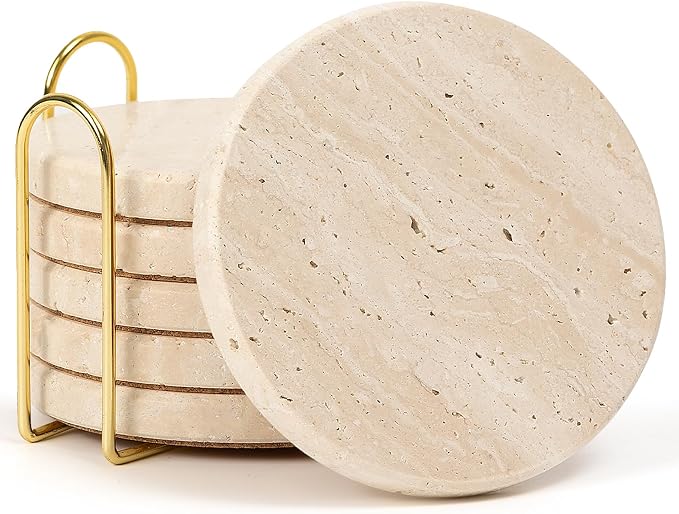 Natural Travertine Coasters Set of 8 with 2 Holders, Modern Rustic Neutral Coaster for Any Home Decor, 4" Matte Beige Stone Coasters with Cork Backing - Heat Resistant, Non-Slip, Gift Ready