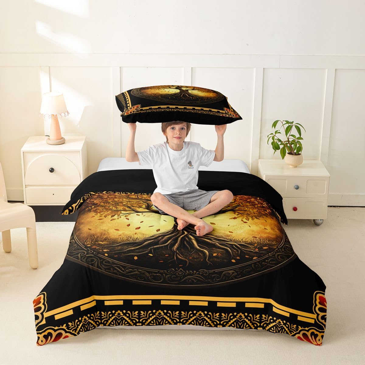 Erosebridal Tree of Life Toddler Duvet Cover Boho Damask Nature Tree Bedding Set Modern Rustic Artwork Comforter Cover for Kids Boys Girls,Natural Scenery Leaves Branches Bed Set