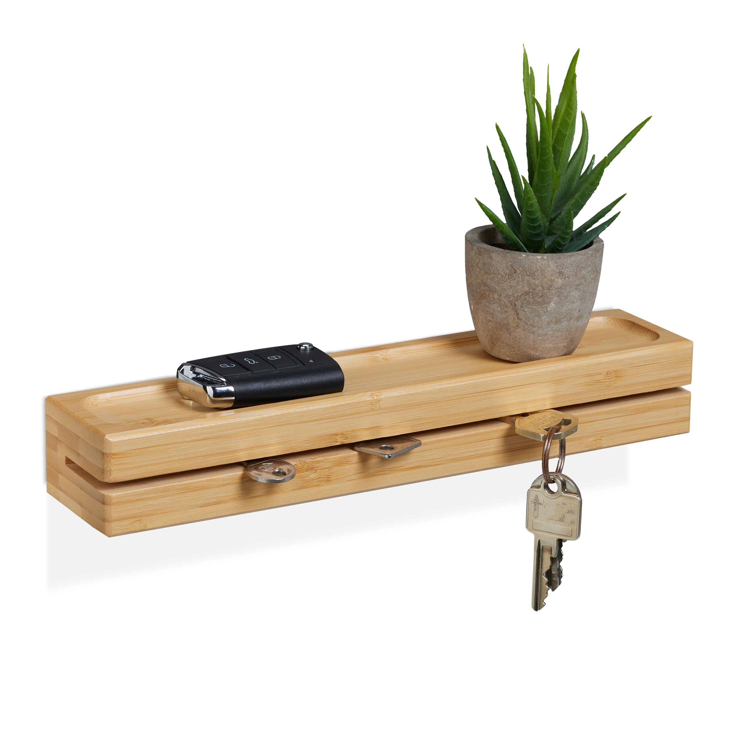 Relaxdays Key Holder, Bamboo Rack with Shelf, W: 29.5 cm, Wall-Mounted Storage, Hallway & Entrance, Natural