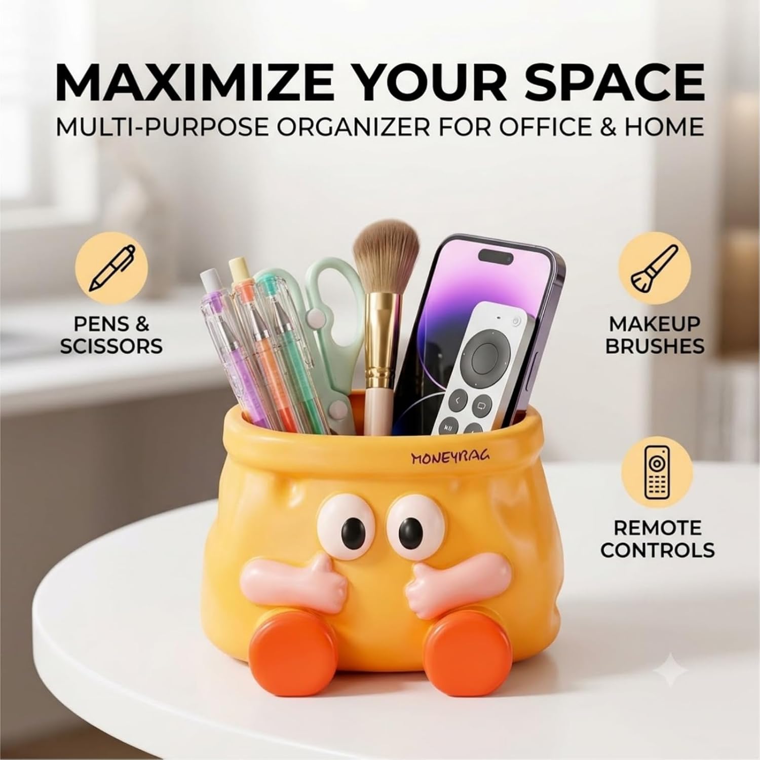 4.9 Inch Cute Cartoon Money Bag Pen Holder - Funny Face Desktop Storage Organizer, Kawaii Office Desk Decor - Orange Plastic image 4