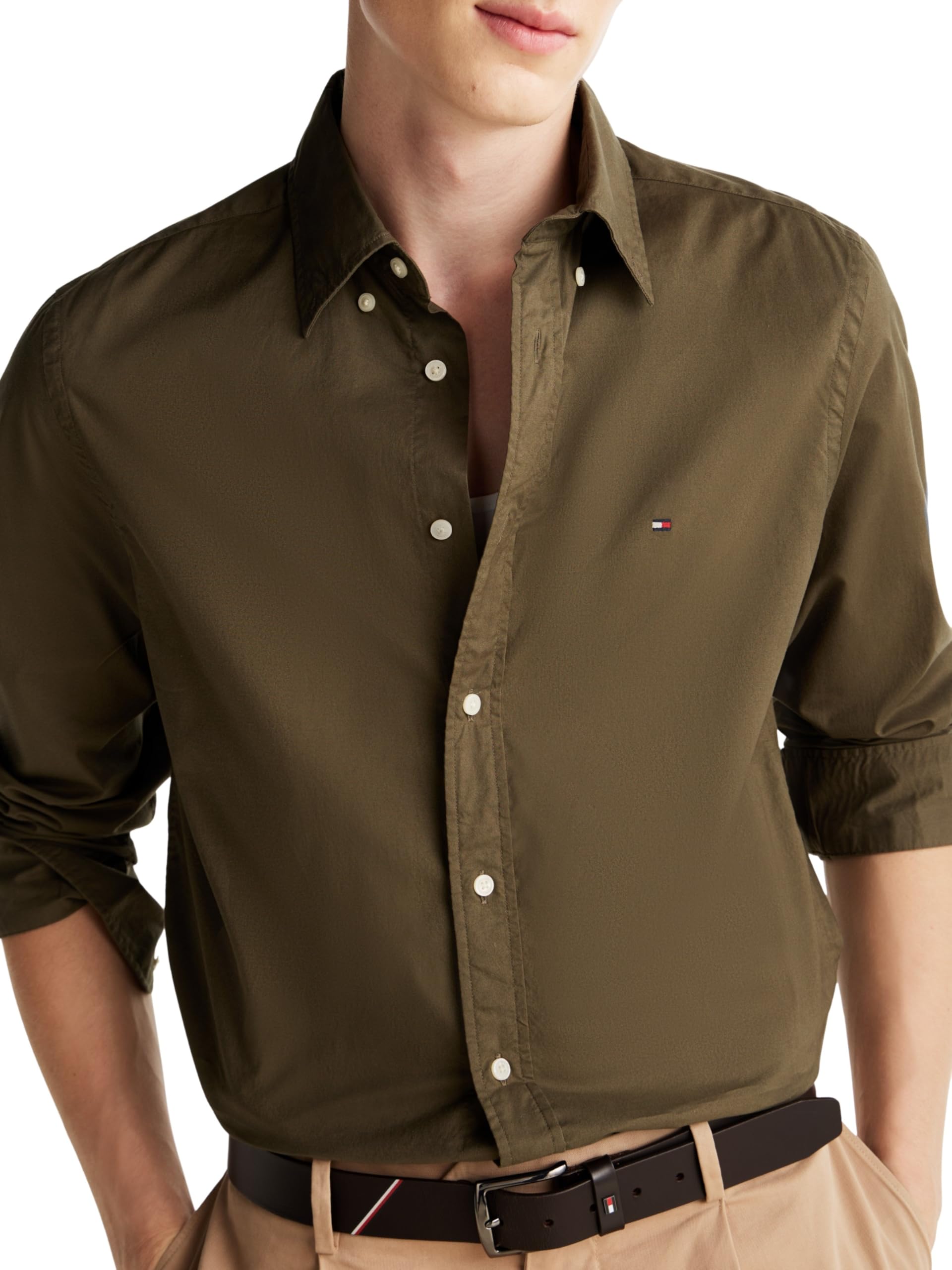 Tommy Hilfiger Męska koszula Flex POPLIN Solid RF MW0MW37550 L/S, khaki, S, Khaki (zieleń wojskowa), S
