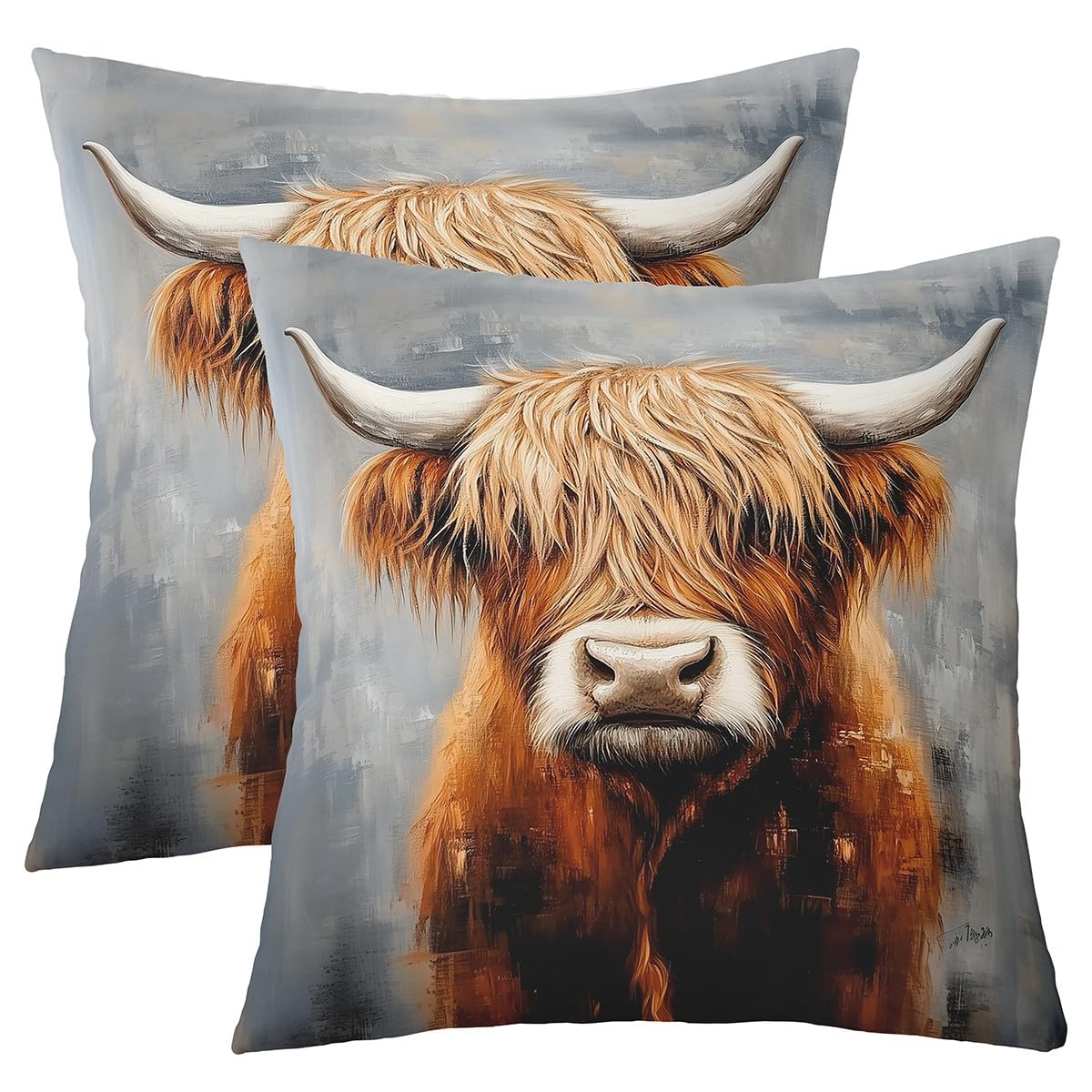 Homemissing Highland Cow Reversible Throw Pillow Covers 45x45cm Highland Cattle Pillow Covers Home Decor Animal Square Cushion Covers Set of 2 Wildlife Outdoor Pillows Covers Grey Orange โ image 1
