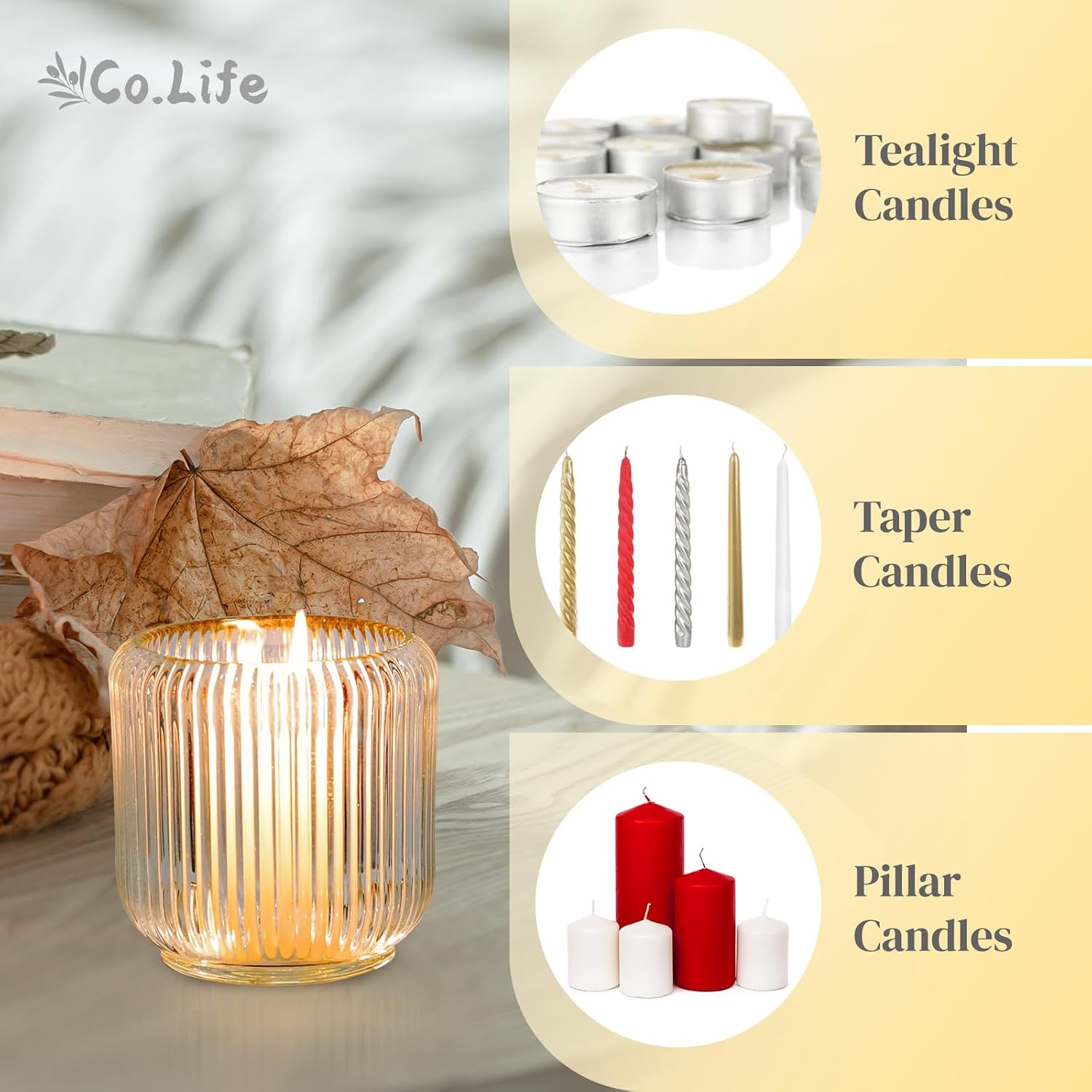 6 Pack Clear Glass Votive & Taper Candle Holders (3.5 Inch) - Thick Ribbed Tea Light & Candlestick Holders Set for Rustic Farmhouse, Living Room, Dining Room Decor