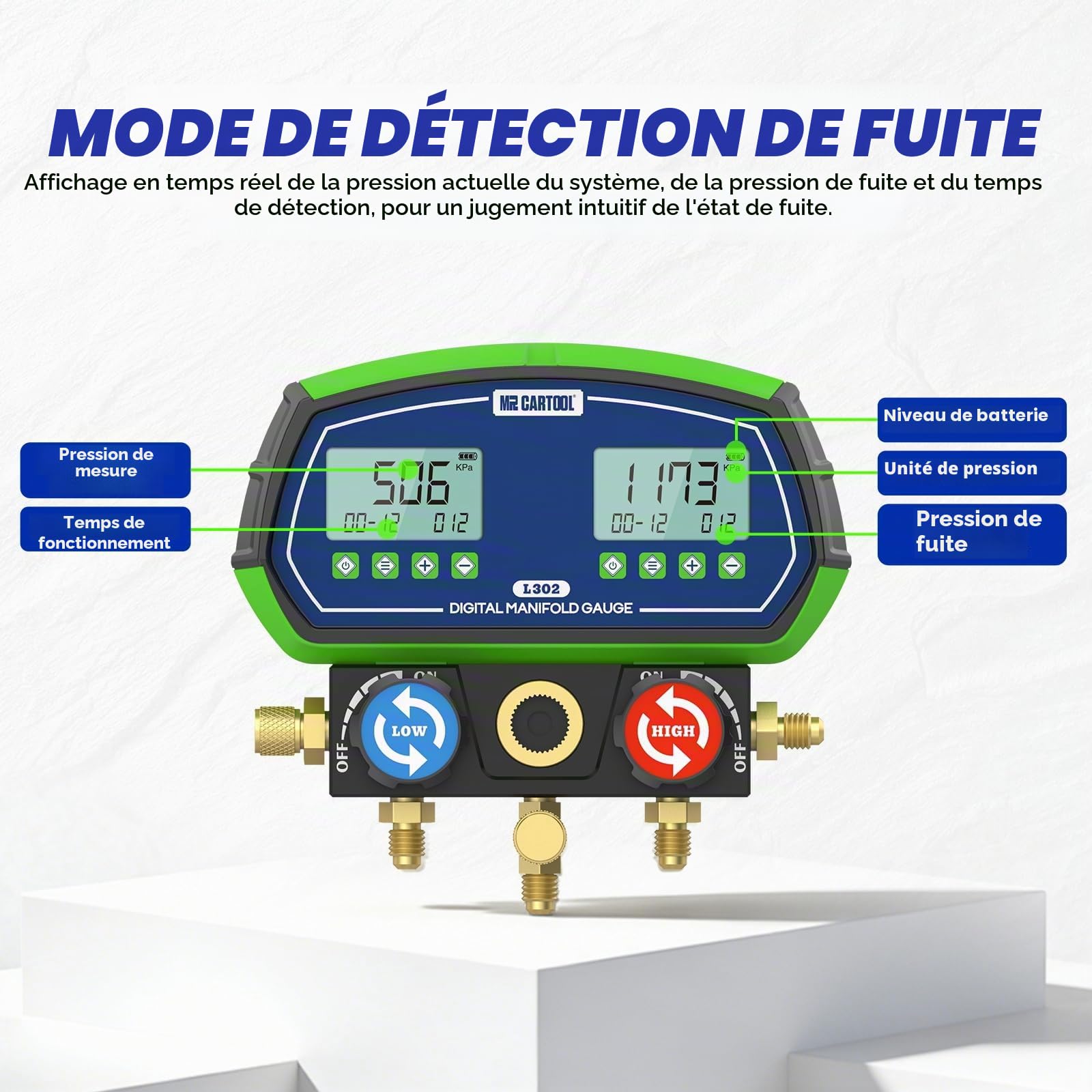 MR CARTOOL L302 Manometre Climatisation Voiture Numérique Manifold Manomètre Réfrigération Jauge avec 3 Flexibles 90 Fluides Frigorigènes pour Climatisation R32 R410A