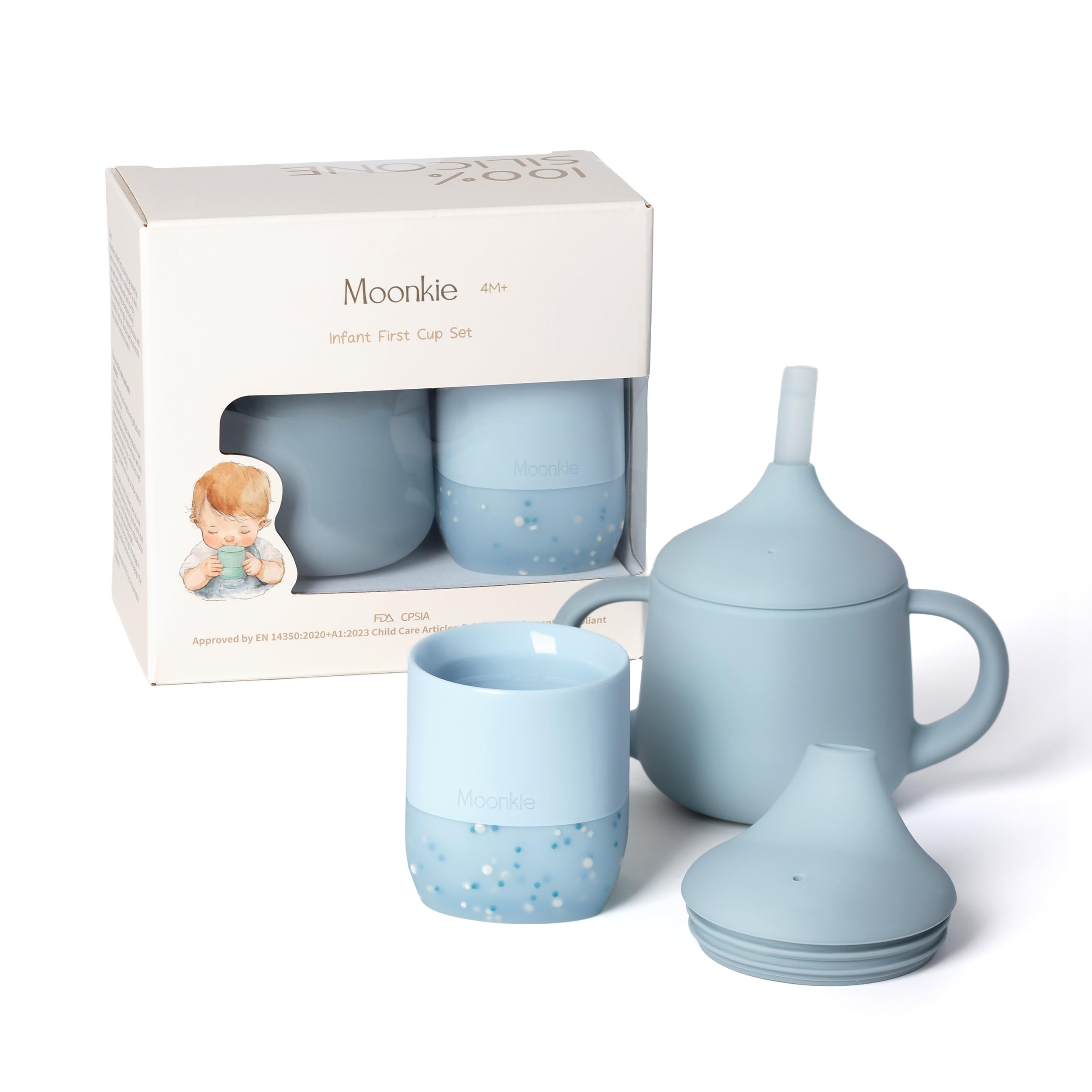 Moonkie Kinderbecher & Trinklernbecher Baby Silikon Set, Becher Kinder 2oz & 3-Stufiger Trinklernbecher mit Strohhalm 4oz, Schnabeltasse ab 4 Monate, Trinkbecher Baby BPA-frei(Äther Set)