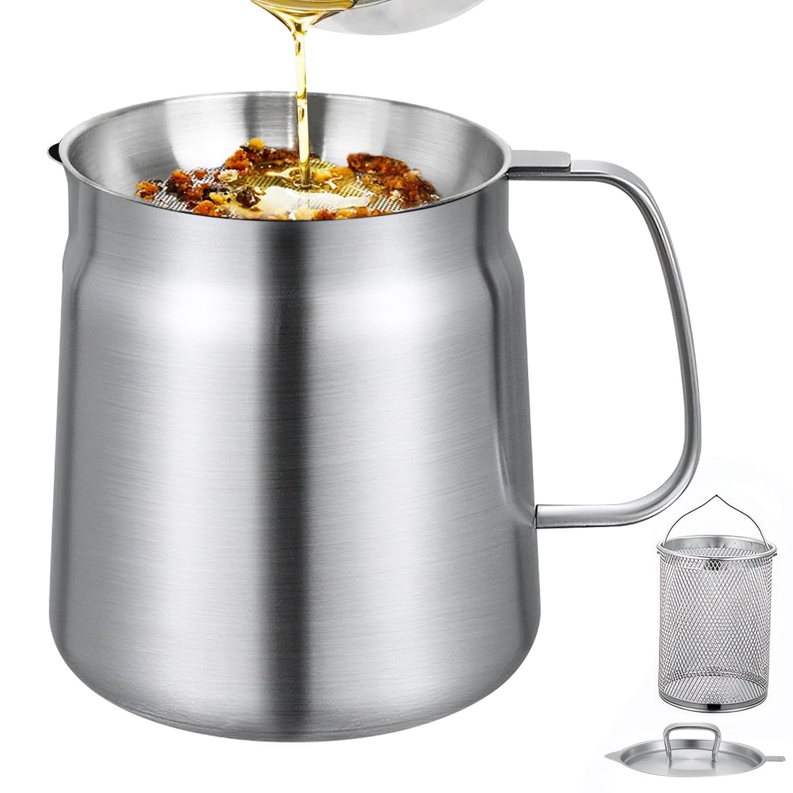Pot de filtre à huile en acier inoxydable 304 avec panier filtrant et maille, couvercle anti-poussière et plateau antidérapant avec poignée pour stocker, frire et graisse de cuisson (2 L)