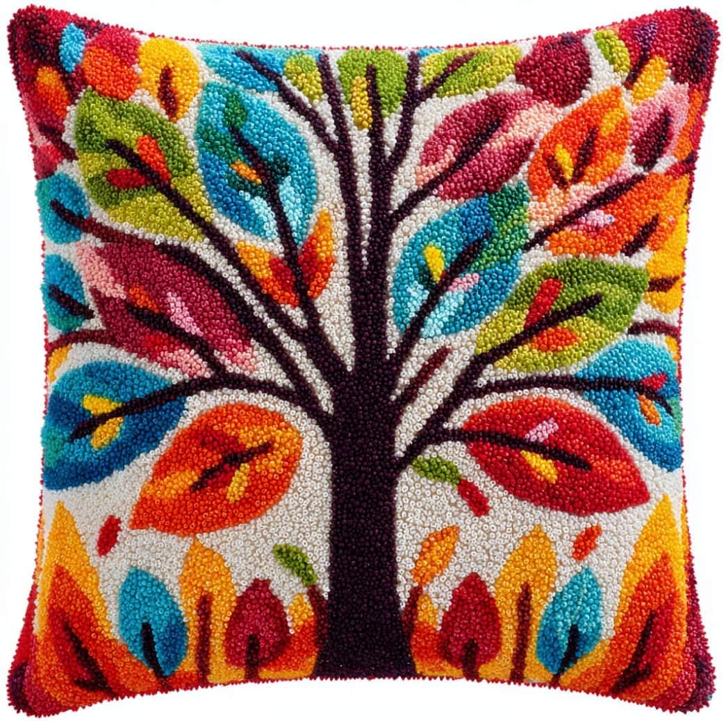 WallustrioaW Latch Hook Pillow Case Kits,Trees 17X17 Inch Latch Hook Cushion Cover Kit,Knitting Kits Cushion for Adults Rug Making Kit for Starters