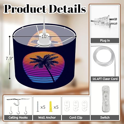 Miniatura 3 de Plug In Pendant Light Sunset palm trees 80s style Retro futuristic sun outline palm trees Hanging Lamp with Clear Cord Fabric Shade Dimmable Switch