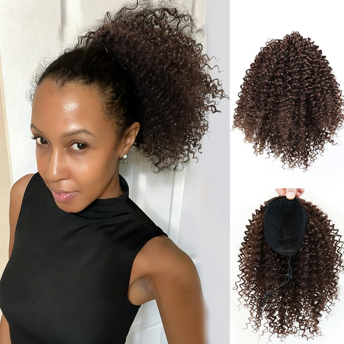 MKJVEN Afro Kinky Curly Ponytail Extensions 10 Inch Drawstring Ponytail For Black Women Dark Brown Syrnthetic Ponytail Hair Piece (4#Medium Brow)