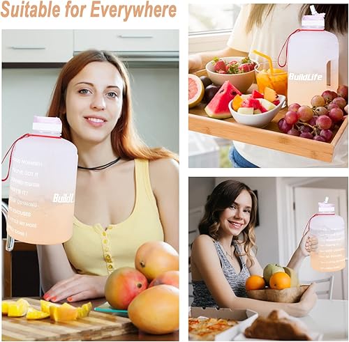 Miniatura 6 de BuildLife Botella de agua motivacional de galón de boca ancha con popote y tiempo marcado para beber más diariamente, sin BPA, reutilizable,