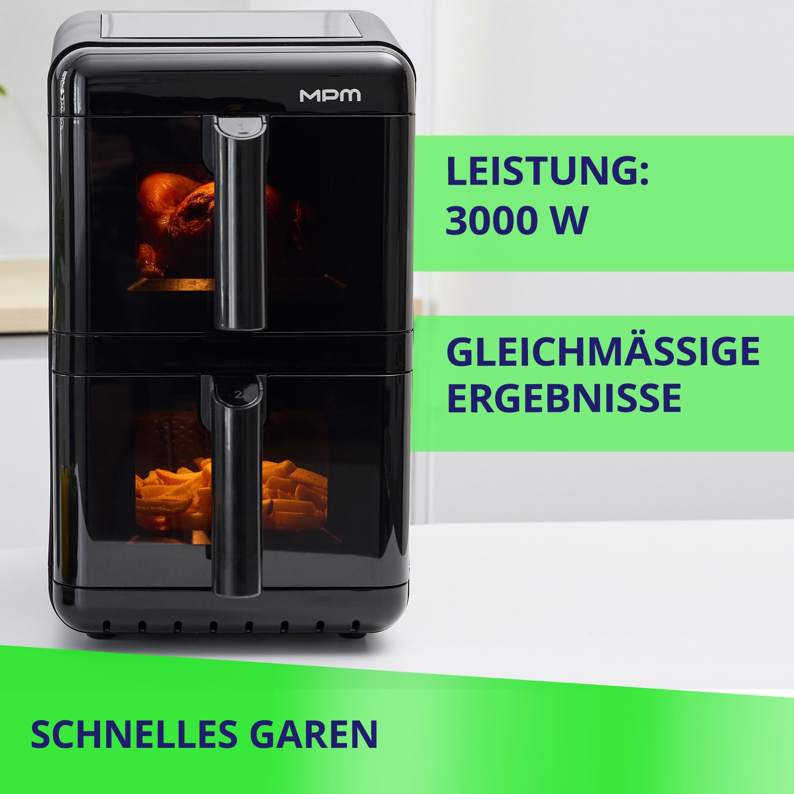 MPM Air Fryer Freidora de Aire Caliente 2 Cámaras XXL 12 L Superpuesta 3000 W