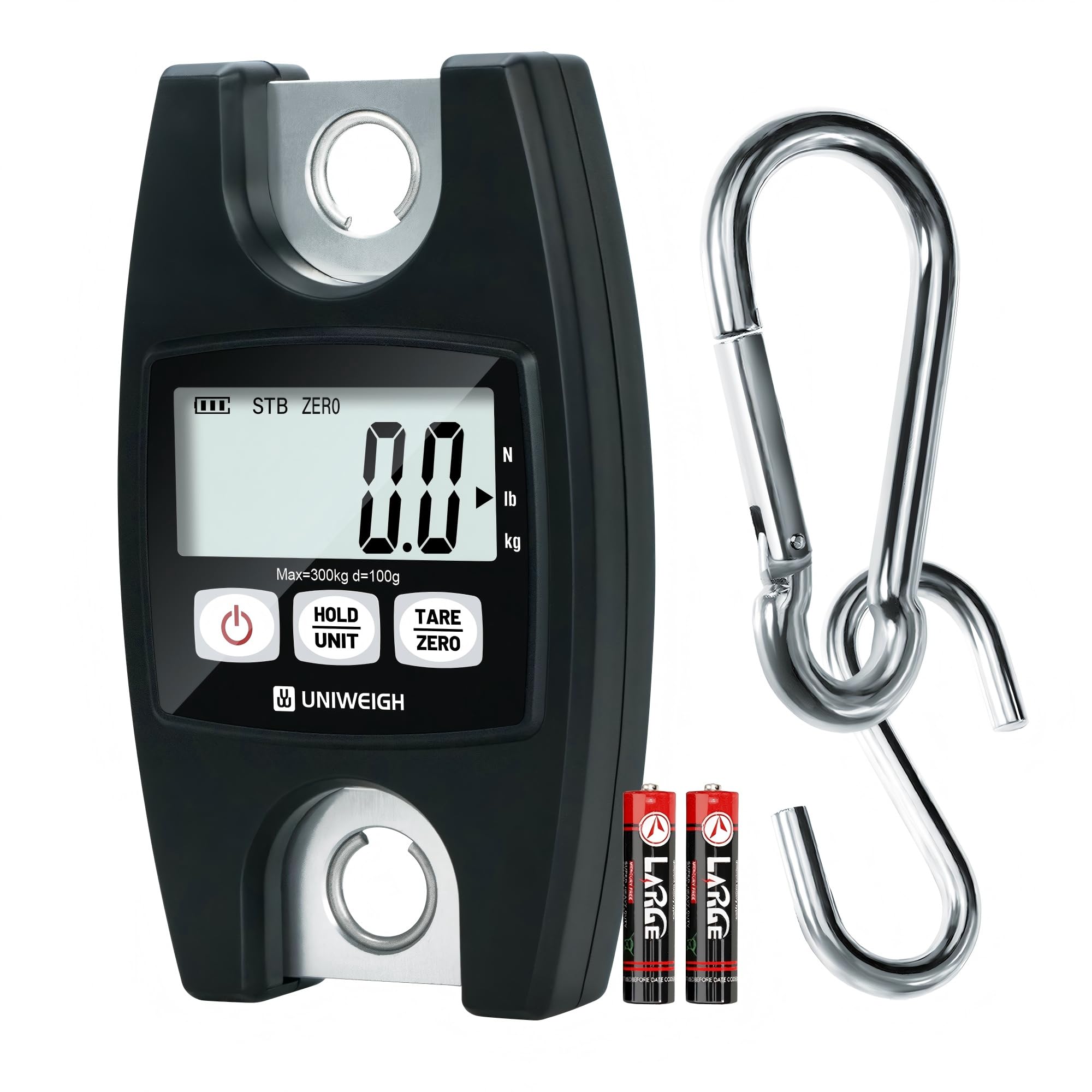 UNIWEIGH Hängewaage 660lb,Digitale 300kg Industriekranwaage mit Haken, gepäckwaage,kofferwaage mit LCD-Anzeige für Landwirtschaft, Jagd im Freien, Fischerei,Gepäck (Schwarz)