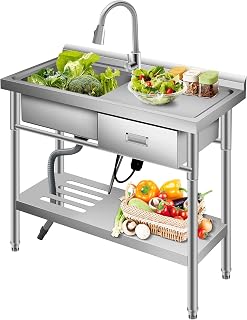 Stainless Steel Utility Sink, 39" x 14" x 33" Free Standing Double Bowl Sink with Right Drawer, Faucet, Shelf, Cold and Hot Water Pipe for Laundry, Kitchen, Garage, Outdoor, Garden, Heavy-Duty