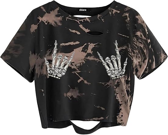 vblane Graphic Oversized Crop Tops for Women Loose Cropped Distressed Tshirt Short-Sleeve Vintage Boxy Tee Shirts