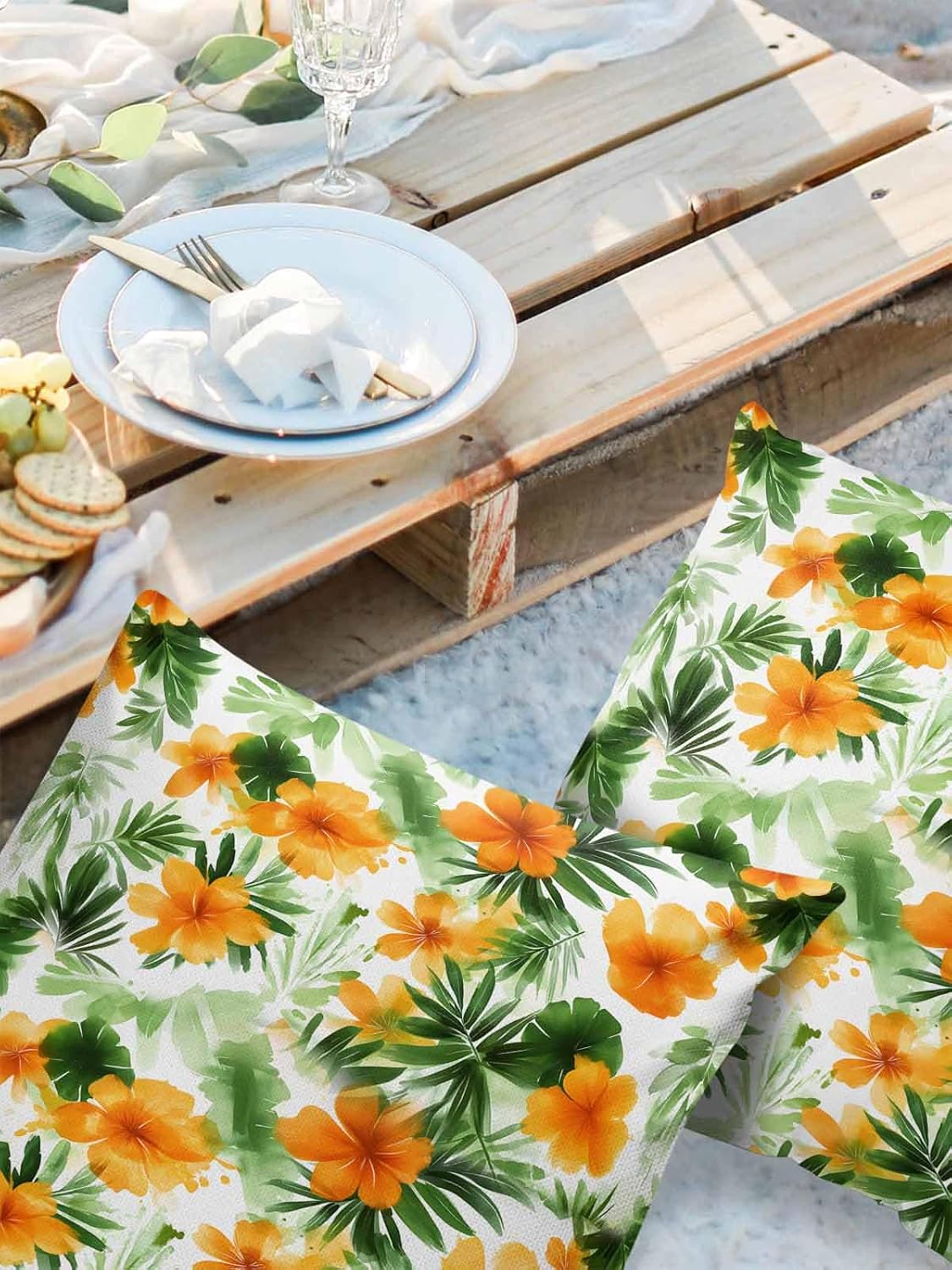 Outdoor Waterproof Pillow Covers Tropical Plants Orange Flowers Set of 2 Decorative Outdoor Pillowcases Leaf Floral Cushion Cases for Patio Funiture Garden Couch Bench 26 x 26 Inches