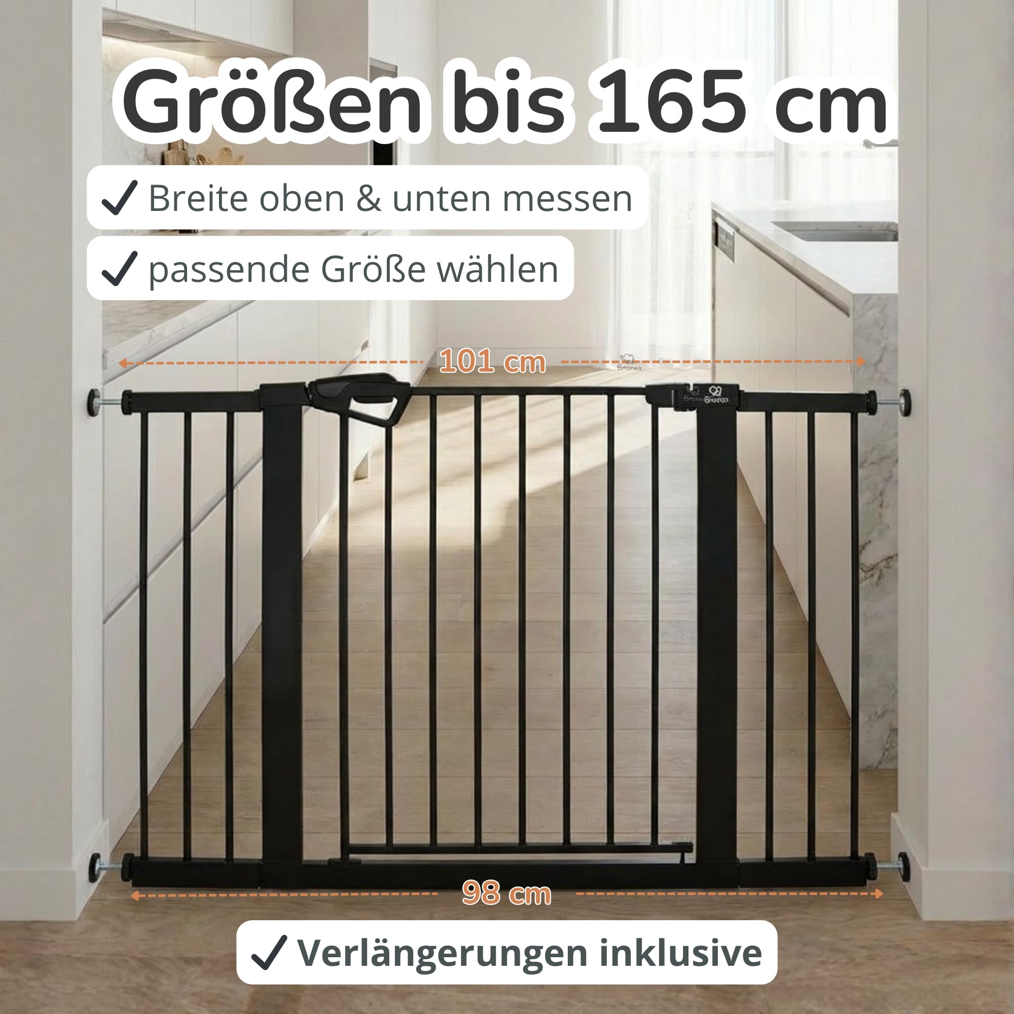 Babygitter Tür ohne Bohren – BALU Tür- & Treppenschutzgitter 152-159 cm, Auto-Close & Safety-Lock Rot/Grün, inkl. Anti-Stolper-Rampe, Türschutzgitter erweiterbar bis 166 cm