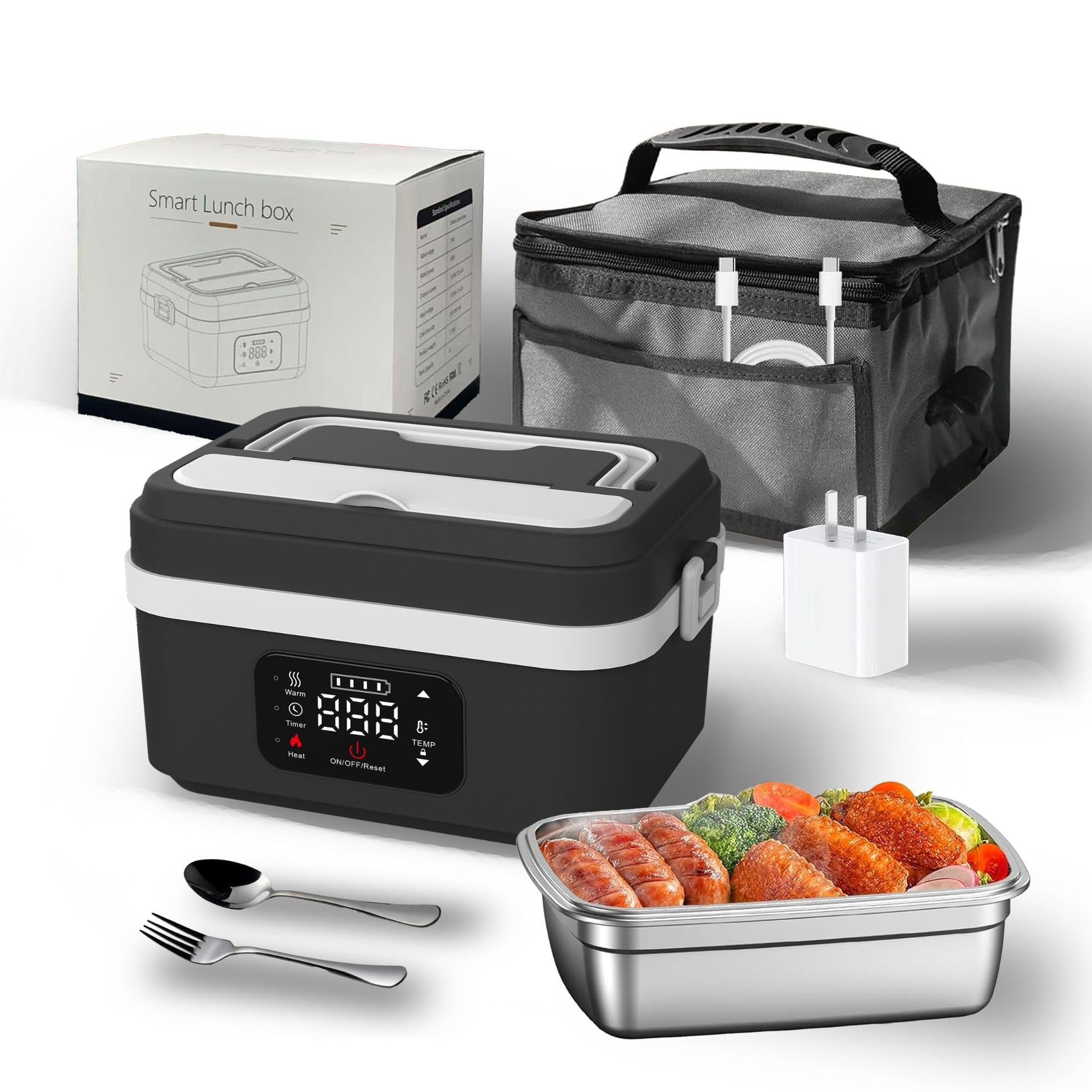 Portapranzo elettrico senza fili, portatile, autoriscaldante, con utensili, ideale per lavoro, ufficio, picnic, campeggio e viaggi