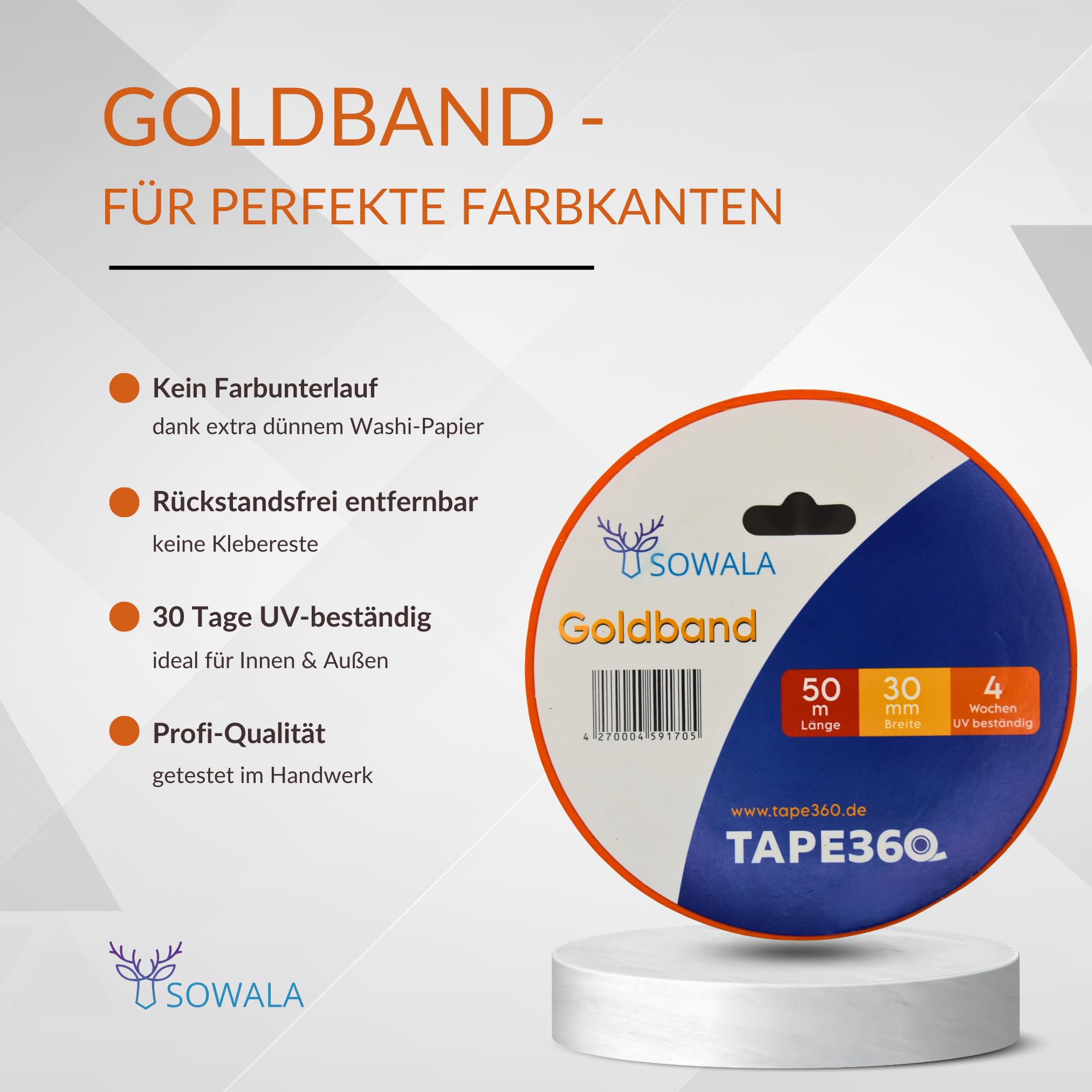 Goldband Malerkrepp 25 Rollen 30 mm x 50 m | 30 Tage UV-beständiges Klebeband | Washi Tape für scharfe Farbkanten | Malerband für Innen & Außen | Kreppband