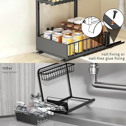 Miniatura 4 de Organizador para debajo del fregadero, organizador ajustable de 2 niveles con ganchos, estante deslizante para debajo del gabinete, organizador