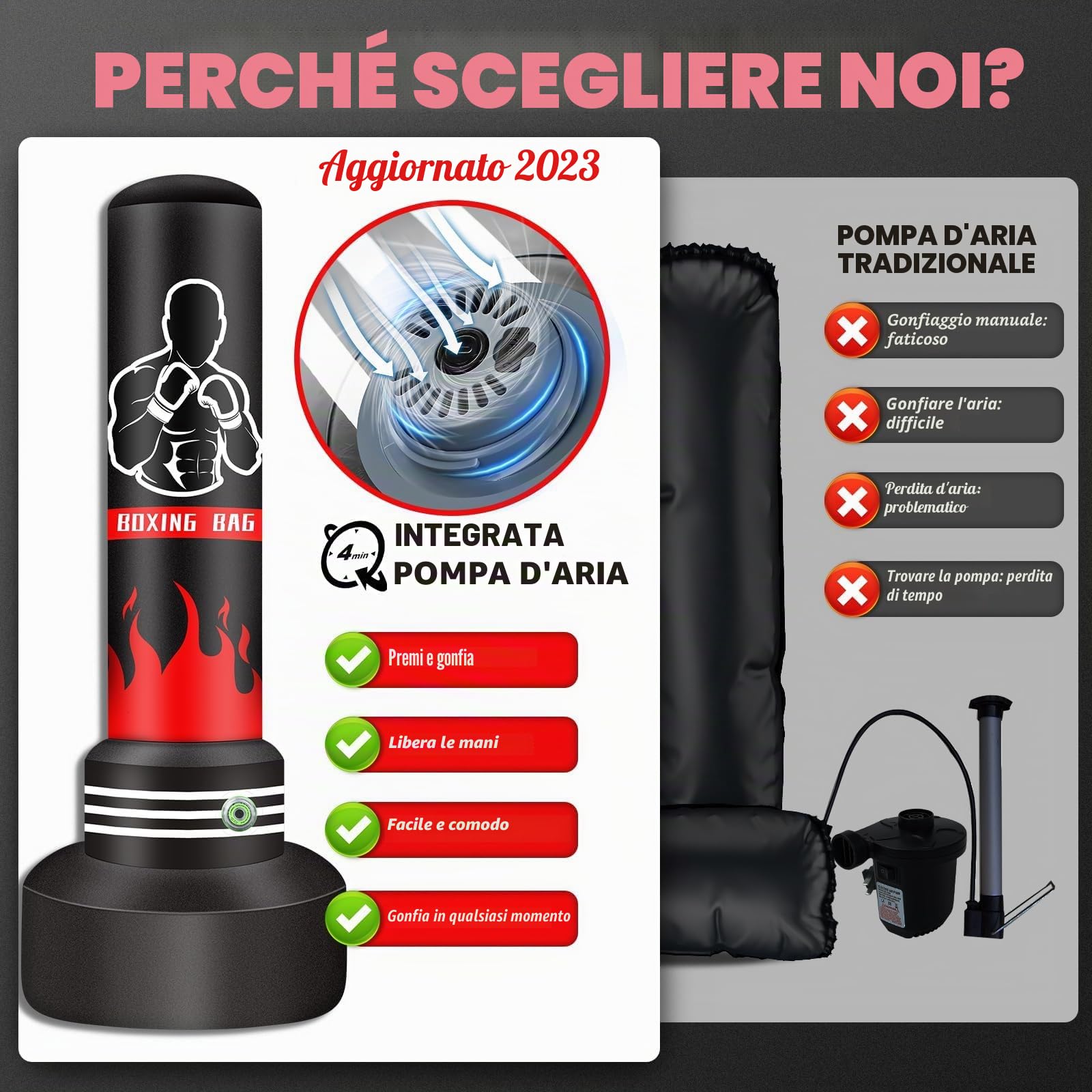 Sacco da boxe da 180 cm, pesante, autoportante, per adulti, gonfiabile, kickboxing, per allenamento, MMA, Muay Thai