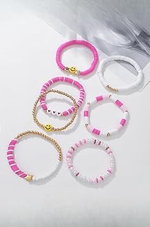 7Pcs Combo Latest Stylish Beach Surfer Bracelets Set | Colorful Preppy Heishi Bracelet | Multilayer Boho Happy Smile Heart Star Stretch Beaded Bracelets | Evil Eye Stackable Beaded Bracelets | Y2K Pearl Bracelets Set for Women Girls Teens
