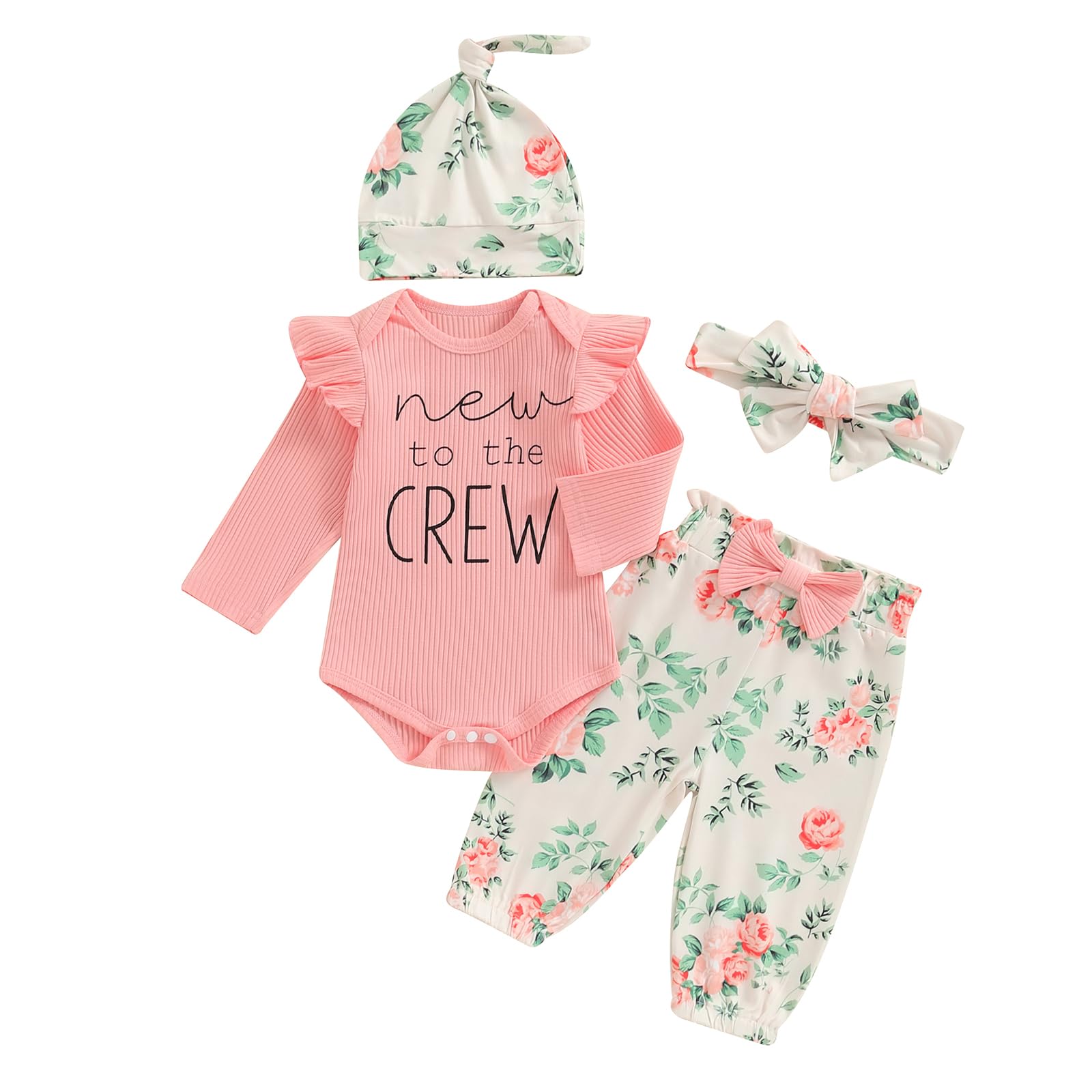 ZAXARRA Newborn Coming Home Baby Girls Fall Outfits Letter Print Ribbed Romper Tops Flower Pants Headband Hat 4 Piece Set (Pink, 0-3 Months)