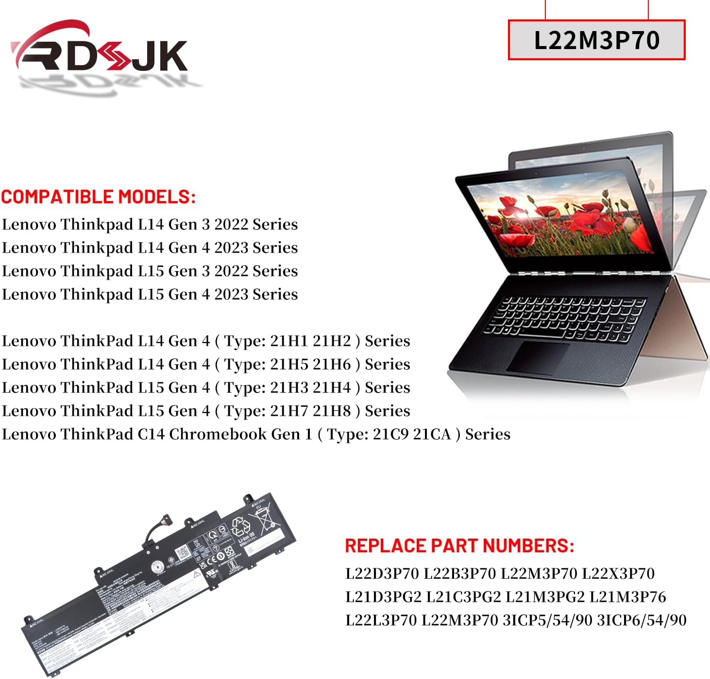 L22X3P70 L22B3P70 L22D3P70 L22L3P70 L22M3P70 Laptop Battery for Lenovo ThinkPad C14 Chromebook Gen 1 Thinkpad L14 Gen 3 2022 Gen 4 2023 L15 Gen 3 2022 Gen 4 2023 Series L21L3PG1 L21M3P76 11.31V 46.5Wh