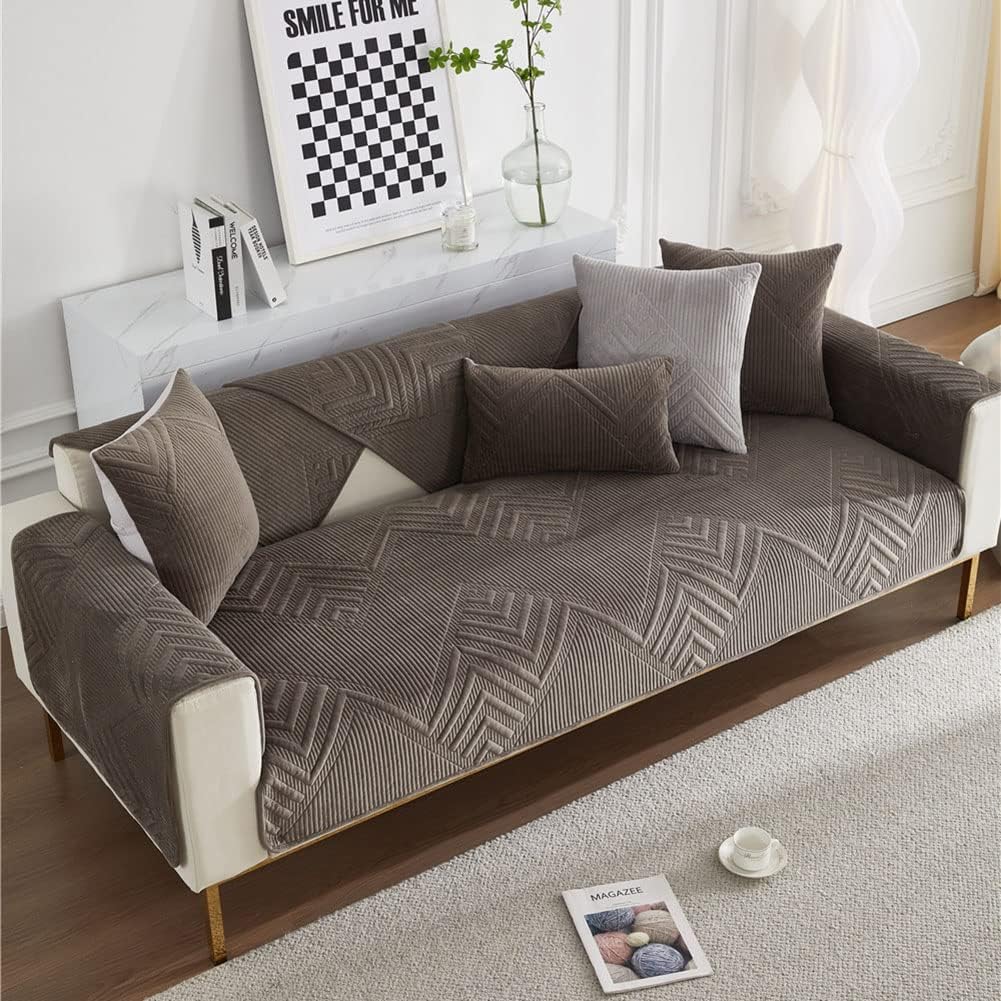 vctops Vintage Velvet Plush Sofa Cover Soft Couch Cover Geometric Quilted Sectional Couch Covers Sofa Slipcover for Dogs Cats Pet Love Seat Recliner Armrest Backrest Cover(Dark Grey,28"x47")