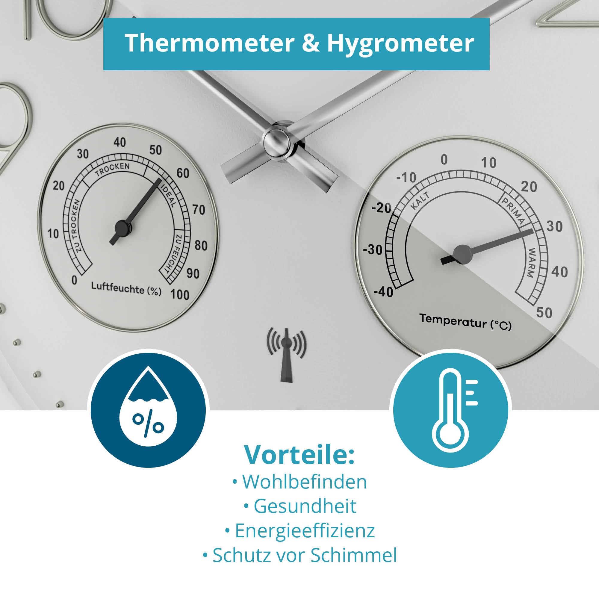 MEBUS Funk-Wanduhr mit Thermometer und Hygrometer