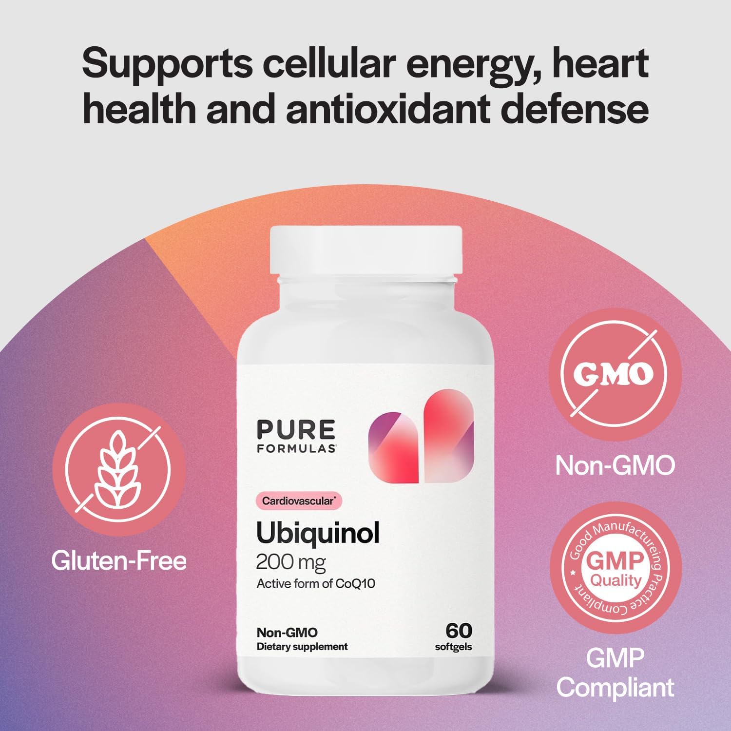 PureFormulas Ubiquinol 200mg for Heart Health & Cellular Energy, Active CoQ10 Form, Enhanced Absorption with MCT Oil, Non-GMO & Gluten-Free - 60 Softgels