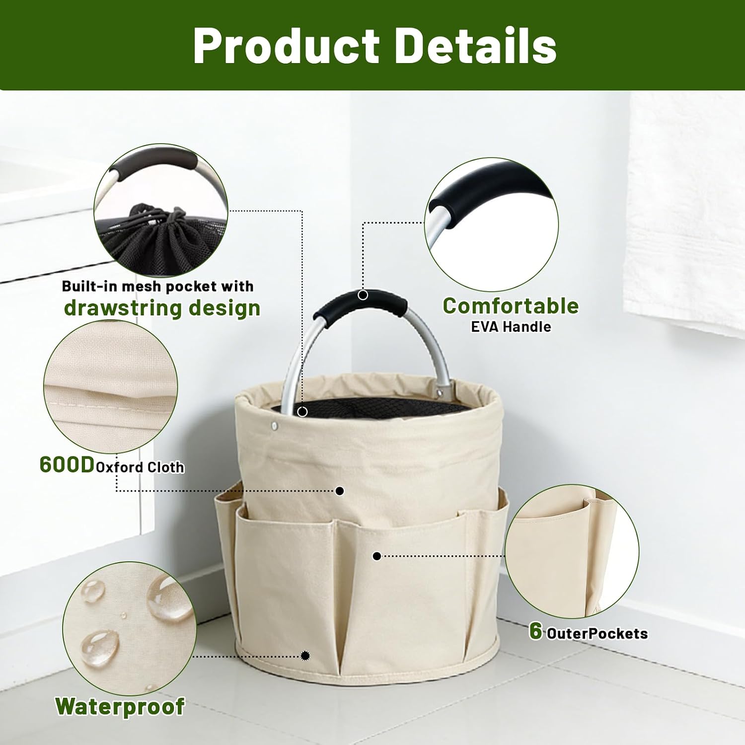 17L Foldable Cleaning Caddy with Handle - Portable Oxford Fabric Storage Bucket, Organiser for Cleaning Supplies, Toiletries, Home, Garden, Picnic & Beach (Beige)