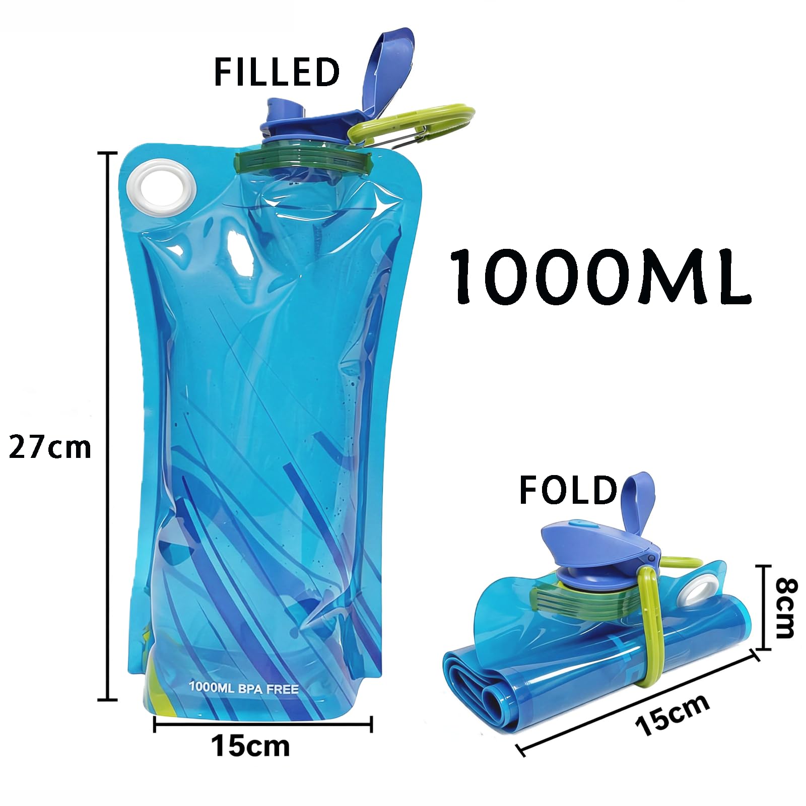 Borraccia Pieghevole 1000ML, 3PCS Bottiglia Riutilizzabile Con Moschettone, Portatile Bottiglia Pieghevole, Borraccia Morbida per Escursionismo, Adventures, Viaggi, Festival, Sport All'Aperto - 3