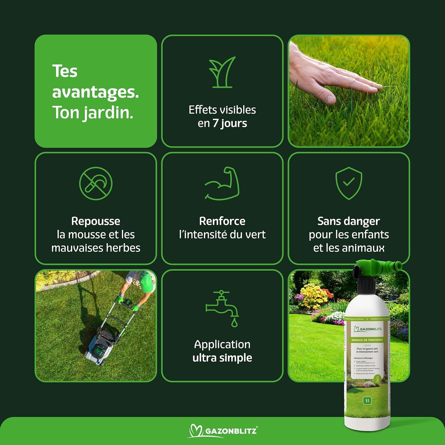 GAZONBLITZ Engrais liquide de printemps 5 L pour gazon dense vert intense avec vaporisateur tuyau d'arrosage