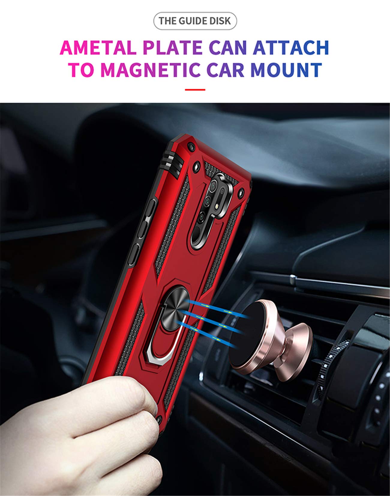 Joytag compatibles para Funda Xiaomi Redmi 9，Carcasa +Cristal Templado Silicona TPU 360 Grados Anillo Giratorio magnético Soporte Caja del teléfono del Coche-Negro — view 3