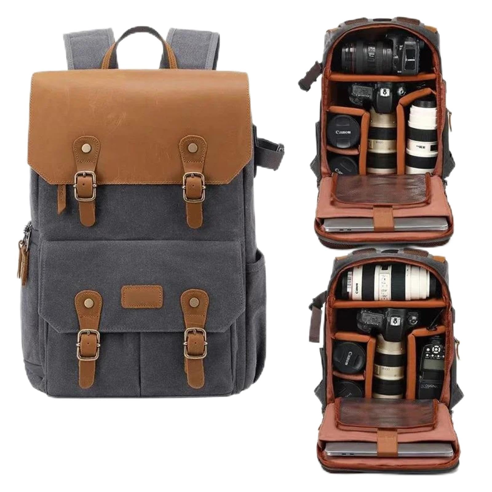 Waterproof Waxed Canvas Camera Backpack with USB Port | Waxed canvas material,waterproof design,USB charging port(Small-camera-gray)