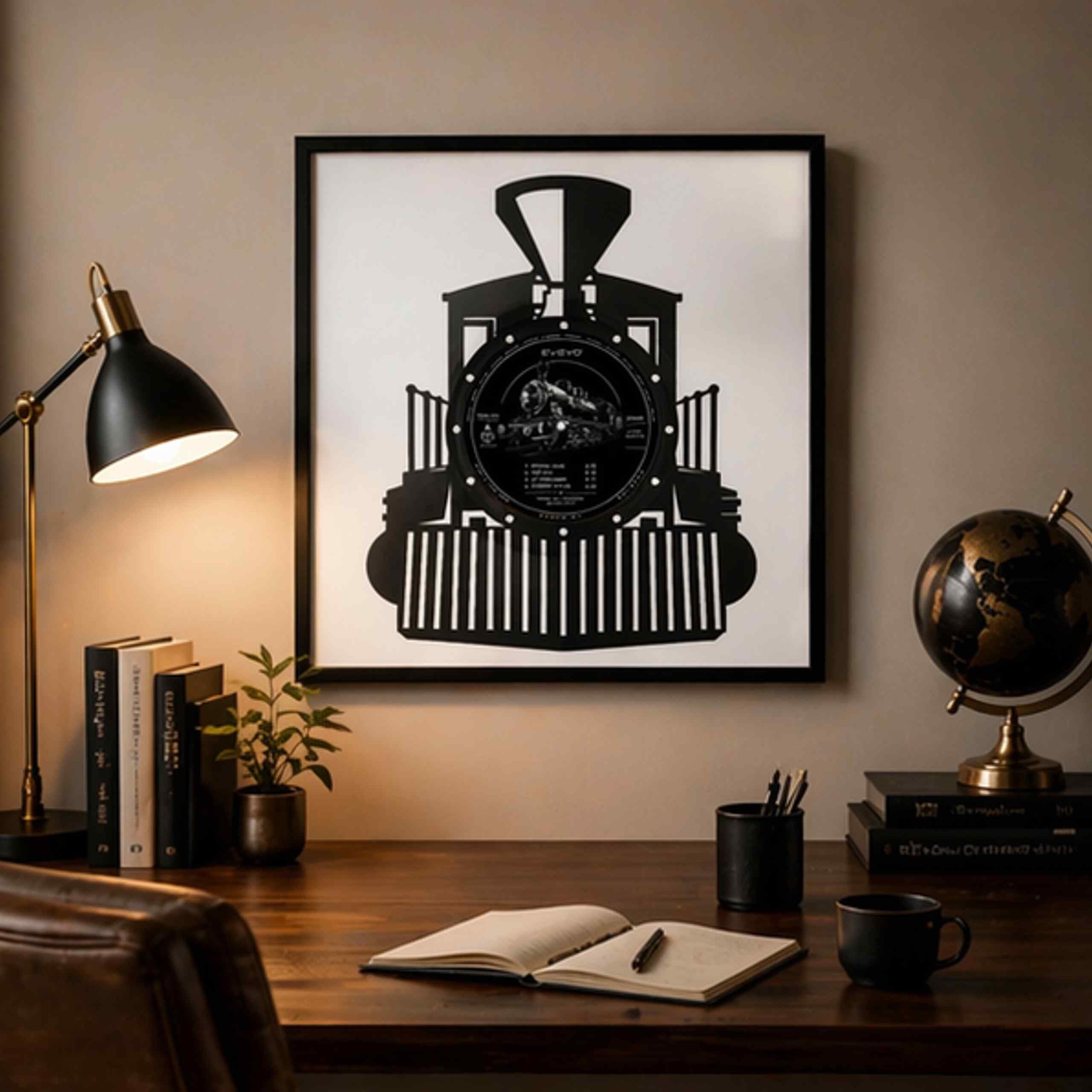 EVEVO Decorazione da parete in vinile con cornice, 32 x 32 cm, treno, decorazione da parete in vinile, motivo: loco a vapore, regalo per appassionati e collezionisti di ferrovie