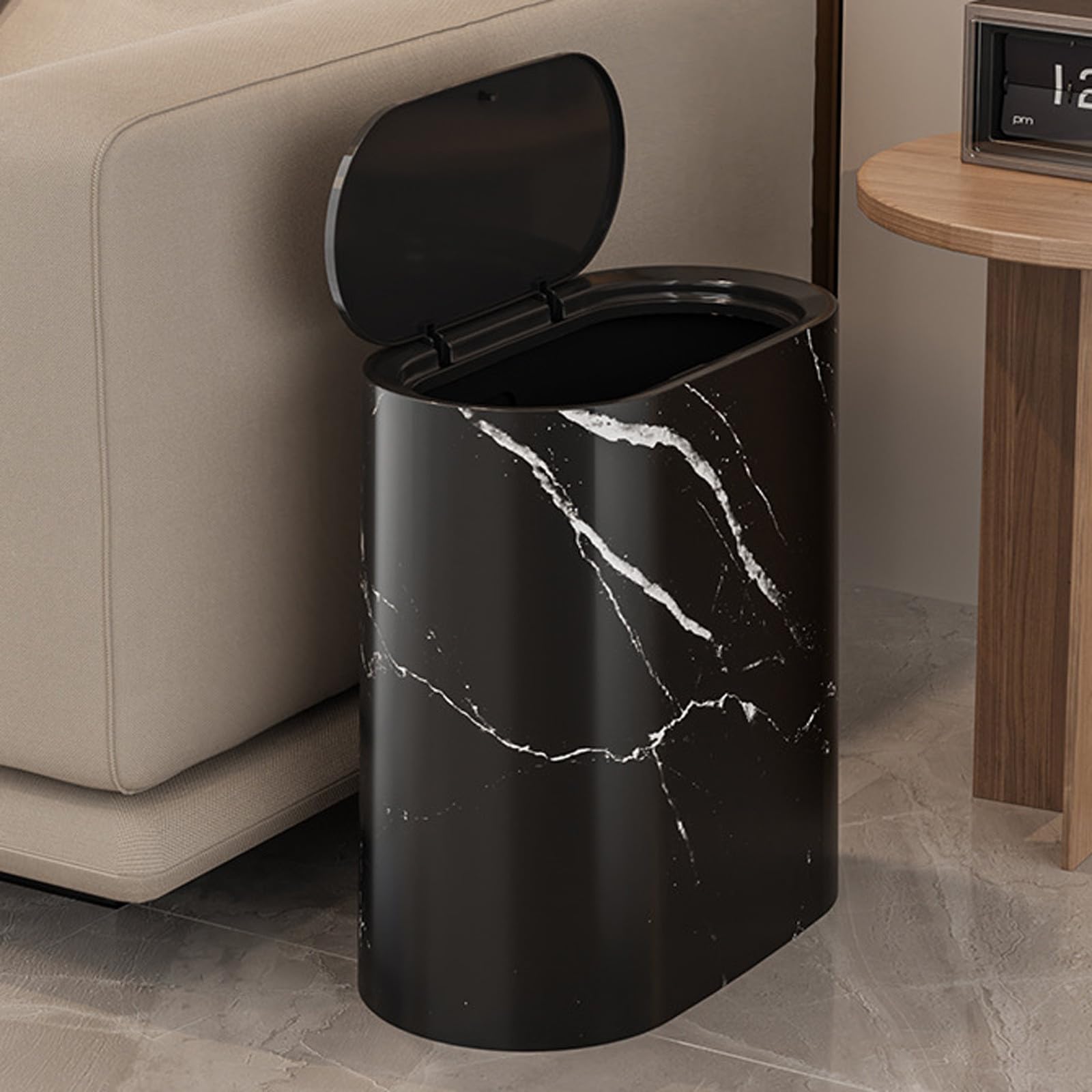 Waste Basket for Bathroom with Lids, Plastic Marble Wood Pattern Trash Can Small Garbage Bin with Lid for Bathroom Narrow Waste Basket Modern Waste