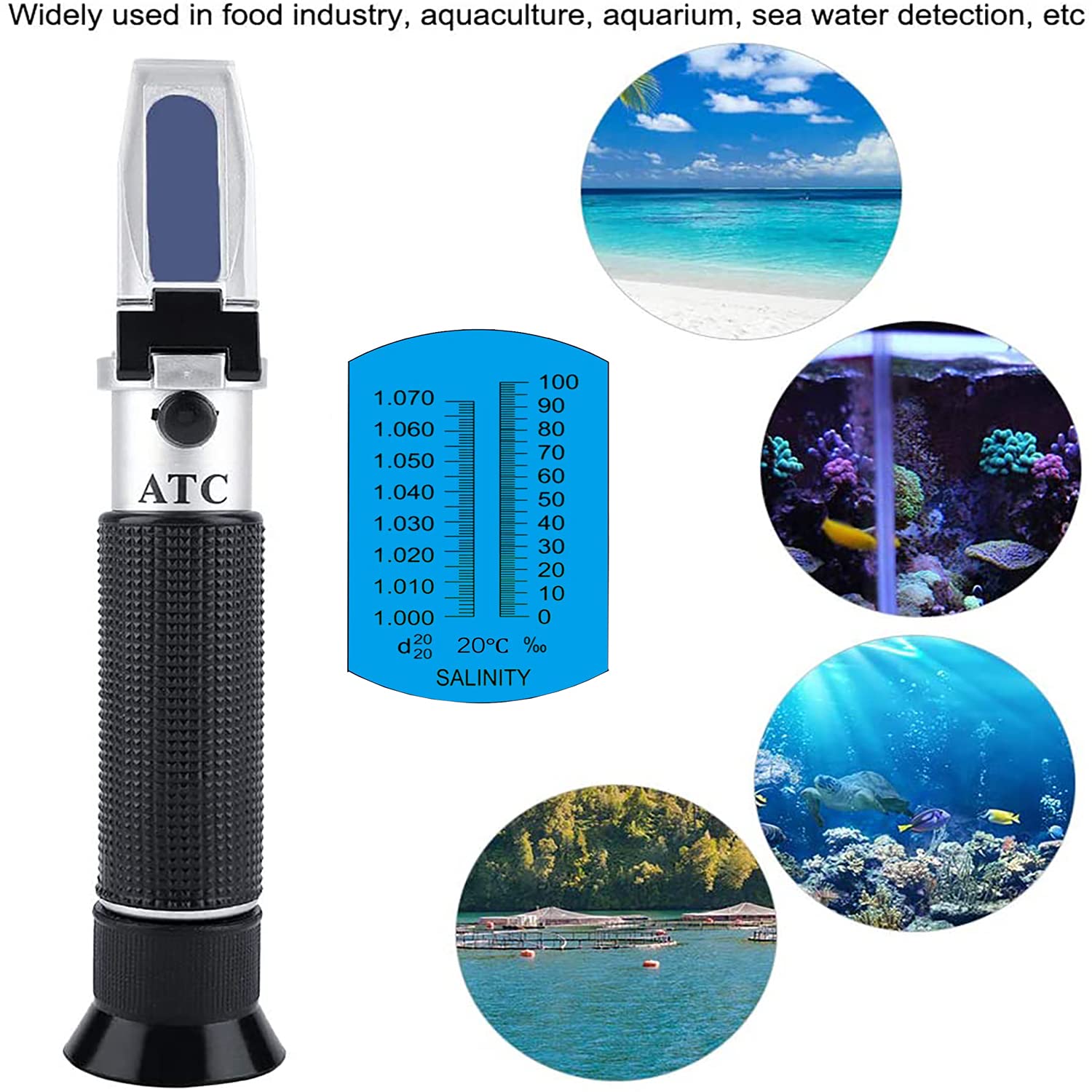 Refractómetro de salinidad,Probador de Agua Salada portátil con compensación automática de temperatura,hidrómetro 0-100‰ y refractómetro ATC de gravedad específica de 1,000a1,070 para acuarios marinos