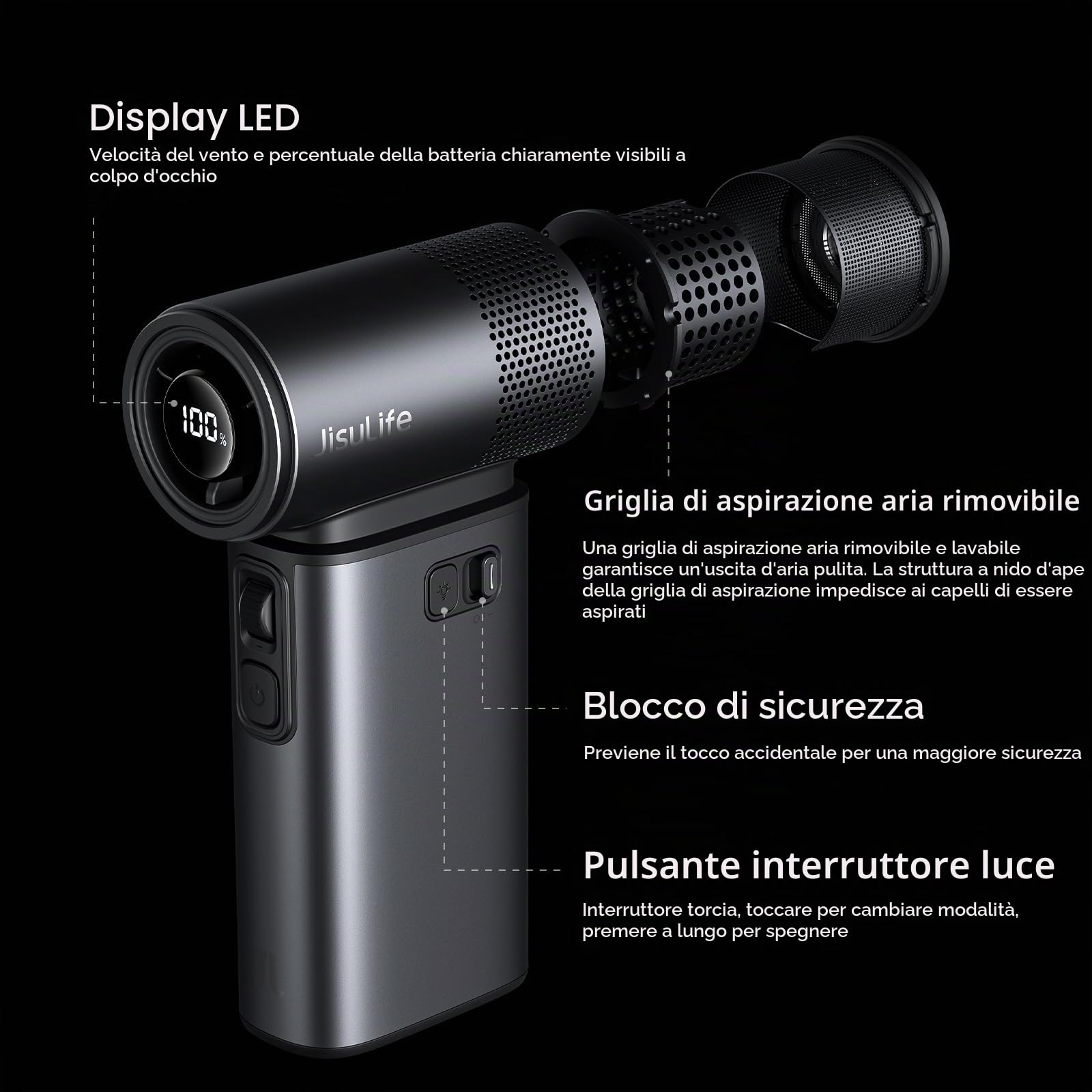 JISULIFE Ventilatore Portatile Ultra2 9000mAh, 25 ore, 3 IN 1, 100 velocità | Power bank ricaricabile da 18 W con torcia integrata, guscio in metallo, regalo multifunzionale per uomo e donna - Grigio
