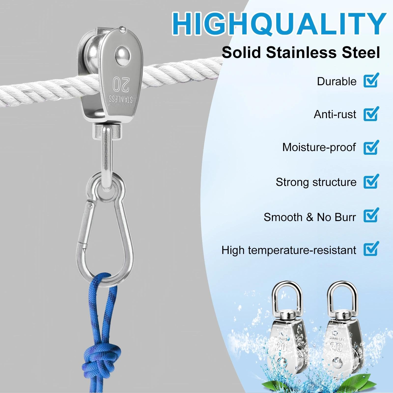 4 Piezas M20 Poleas de Bloque con 4 Piezas Mosquetones M6 Poleas para Cables de Acero Inoxidable Rotación 360° Poleas Fijas -Carga 75kg, para Cuerdas Uso Interior y Exterior
