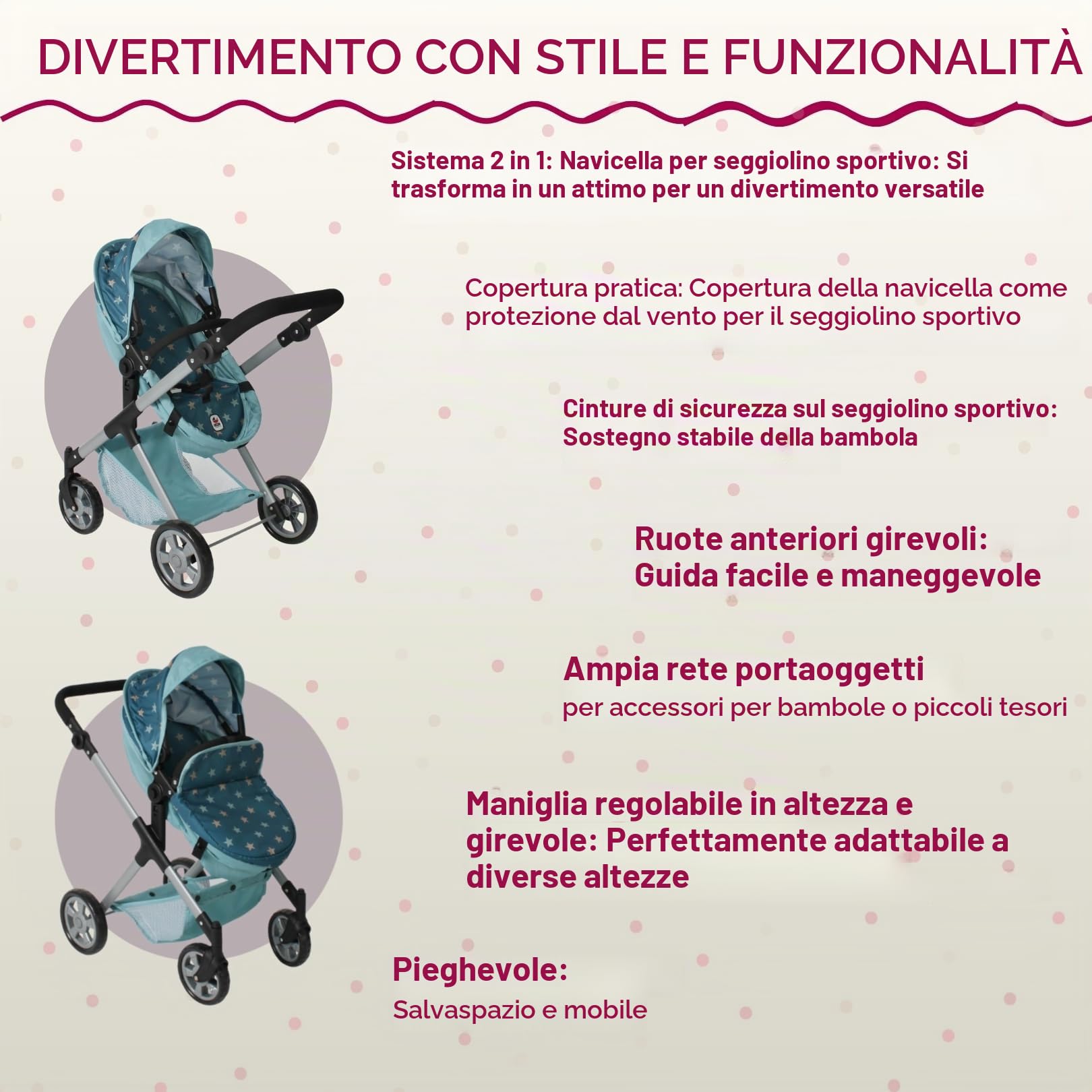 Bayer Chic 2000 Passeggino per bambole 2 in 1 Mila – stelle turchesi – manico regolabile in altezza 39-72 cm – struttura moderna – Bambole fino a 50 cm – 3-7 J