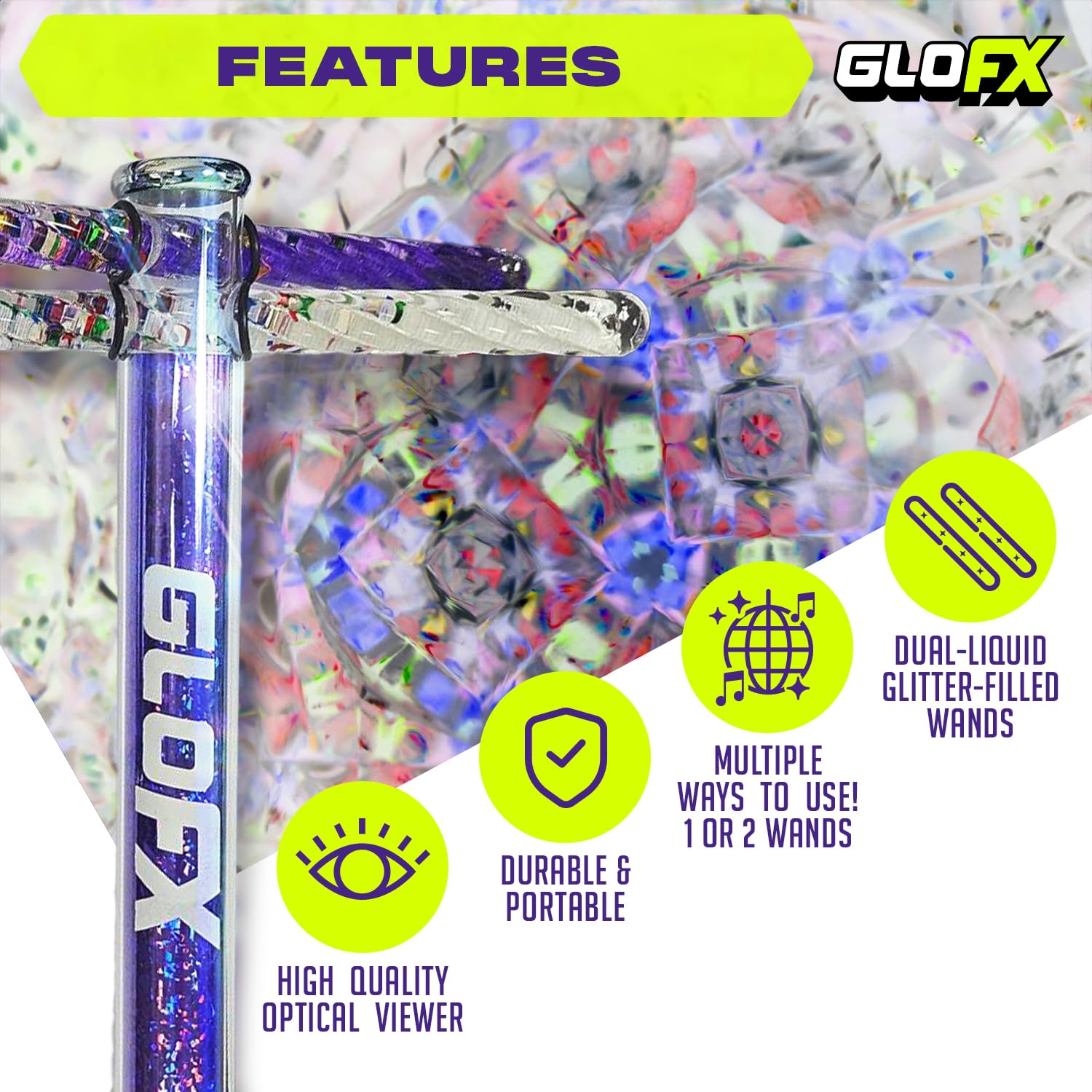 GloFX 7.5-inch Purple Liquid Kaleidoscope Tube - Colorful Kaleidoscopes for Adults, Flow Toys Rave Glitter Wands - Sensory Glitter Wands and Rave Toys
